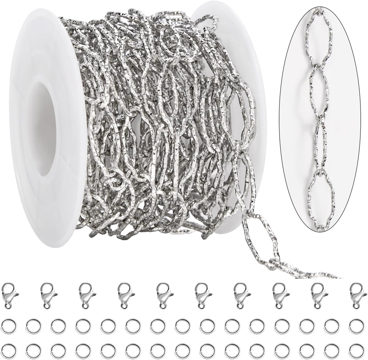 KYUNHOO 9.8 Feet Silver Chain for Jewelry Making Embossed Oval Links Bulk Stainless Steel Craft Chains for Necklace Bracelet DIY Supply Findings