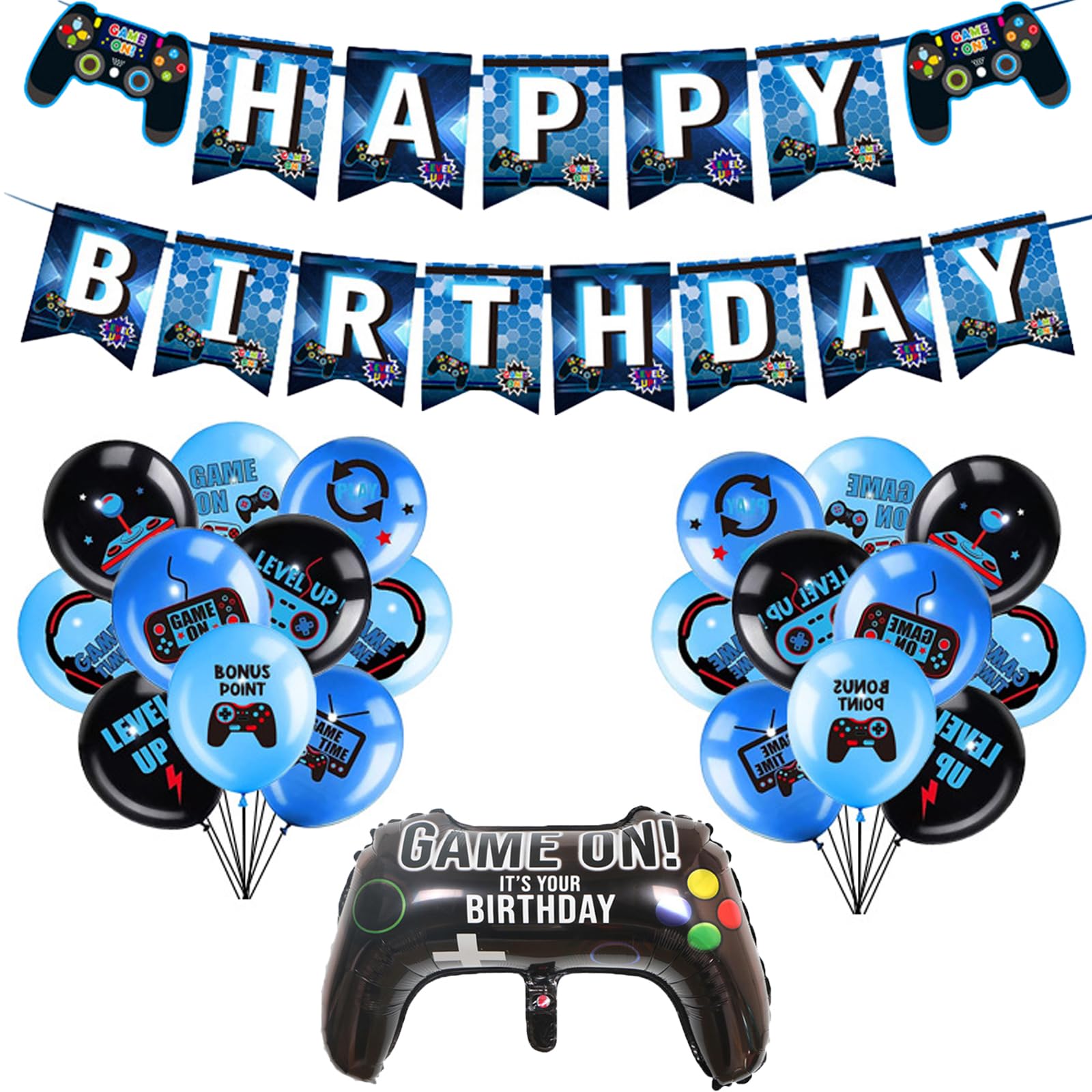 AIKOBAA 20Pcs Video Game Birthday Party Decorations Set, Gaming Birthday Banner with Blue Foil Balloons, Gamer Balloons, Gaming Cake Decorations & Party Supplies
