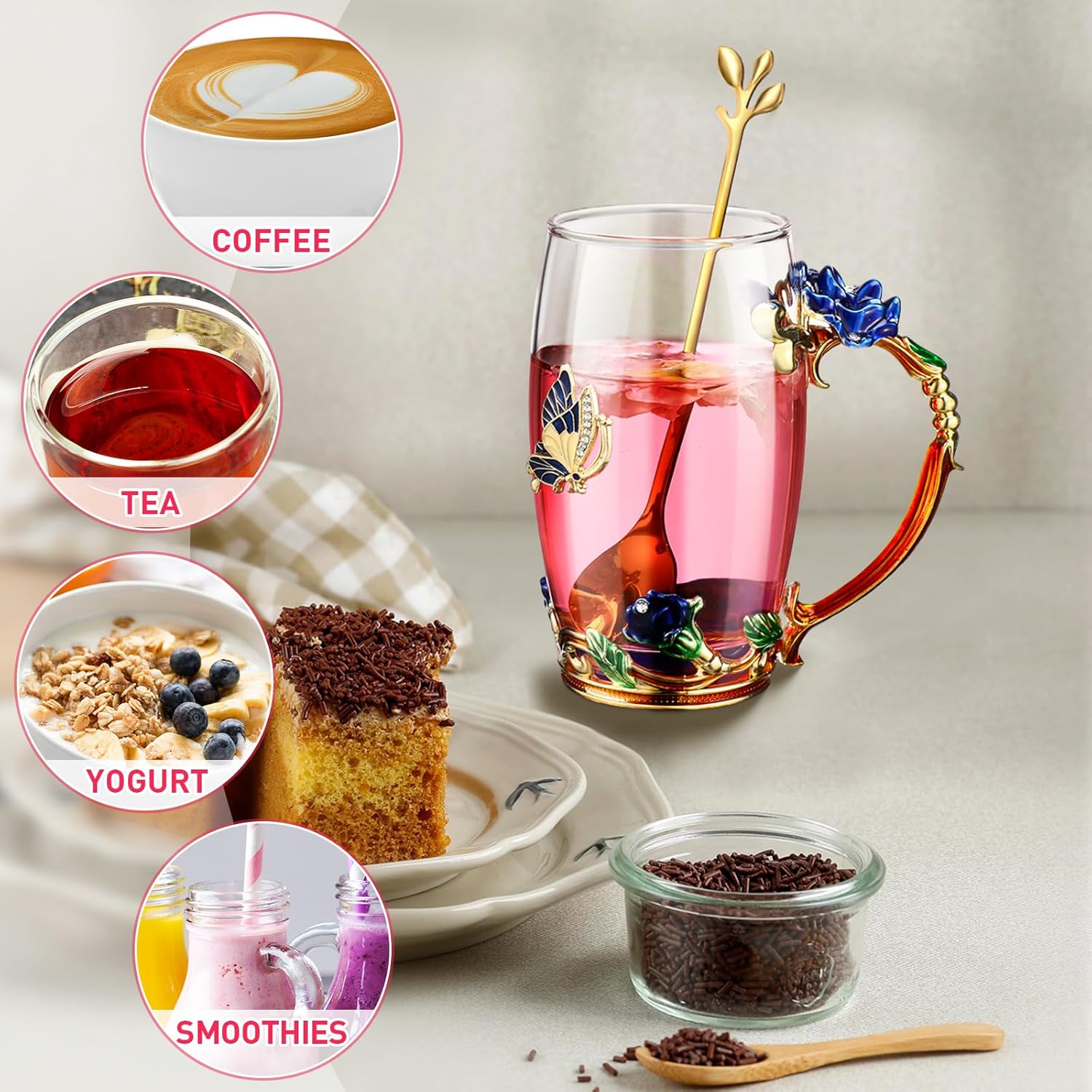 Mimorou 4 Pcs Butterfly Glass Tea Cups Sets for Christmas Gifts Tea Cup with Spoon Glass Mugs Flower Cup for Mother Women Clear Rose Coffee Cups Birthday Gifts for Female Friend