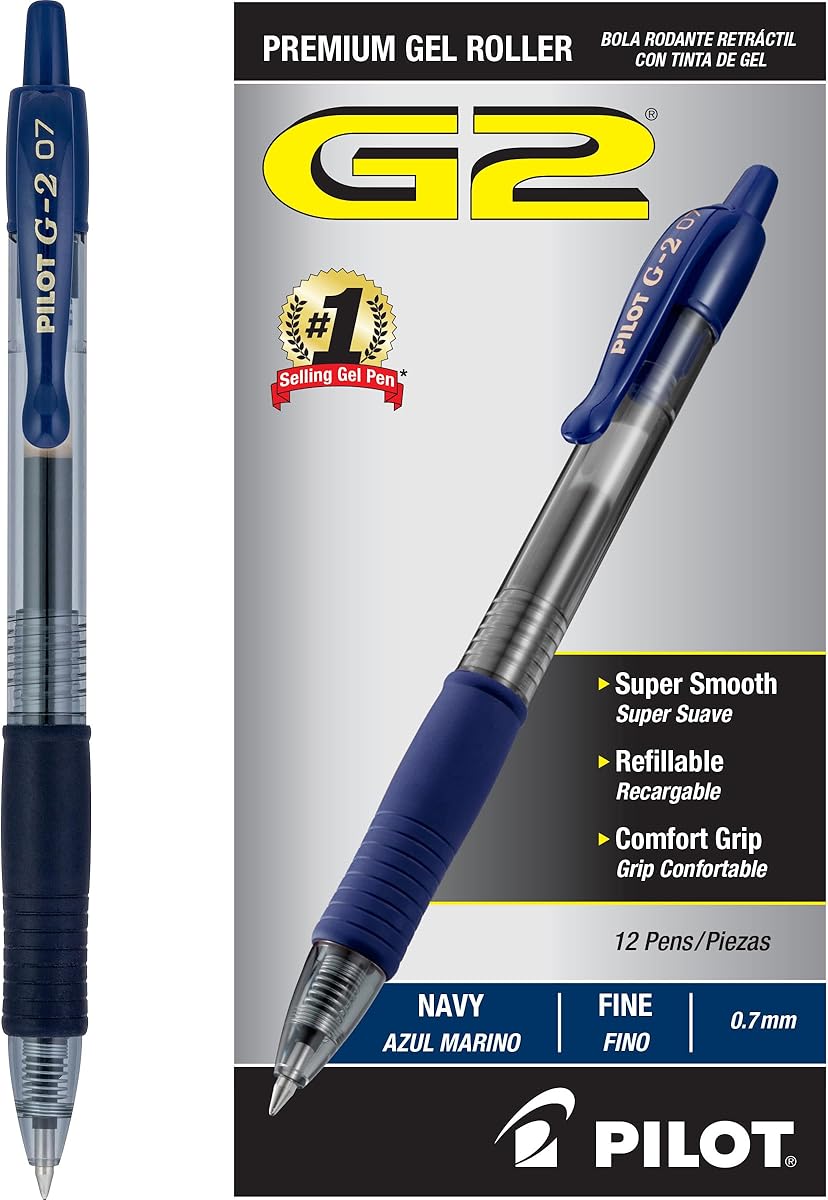 Pilot G2 Premium Gel Roller Pens, Fine Point 0.7 mm, Navy Ink Pens Fine Point, Pack of 12 - Ideal for School, Journaling, and Office Writing