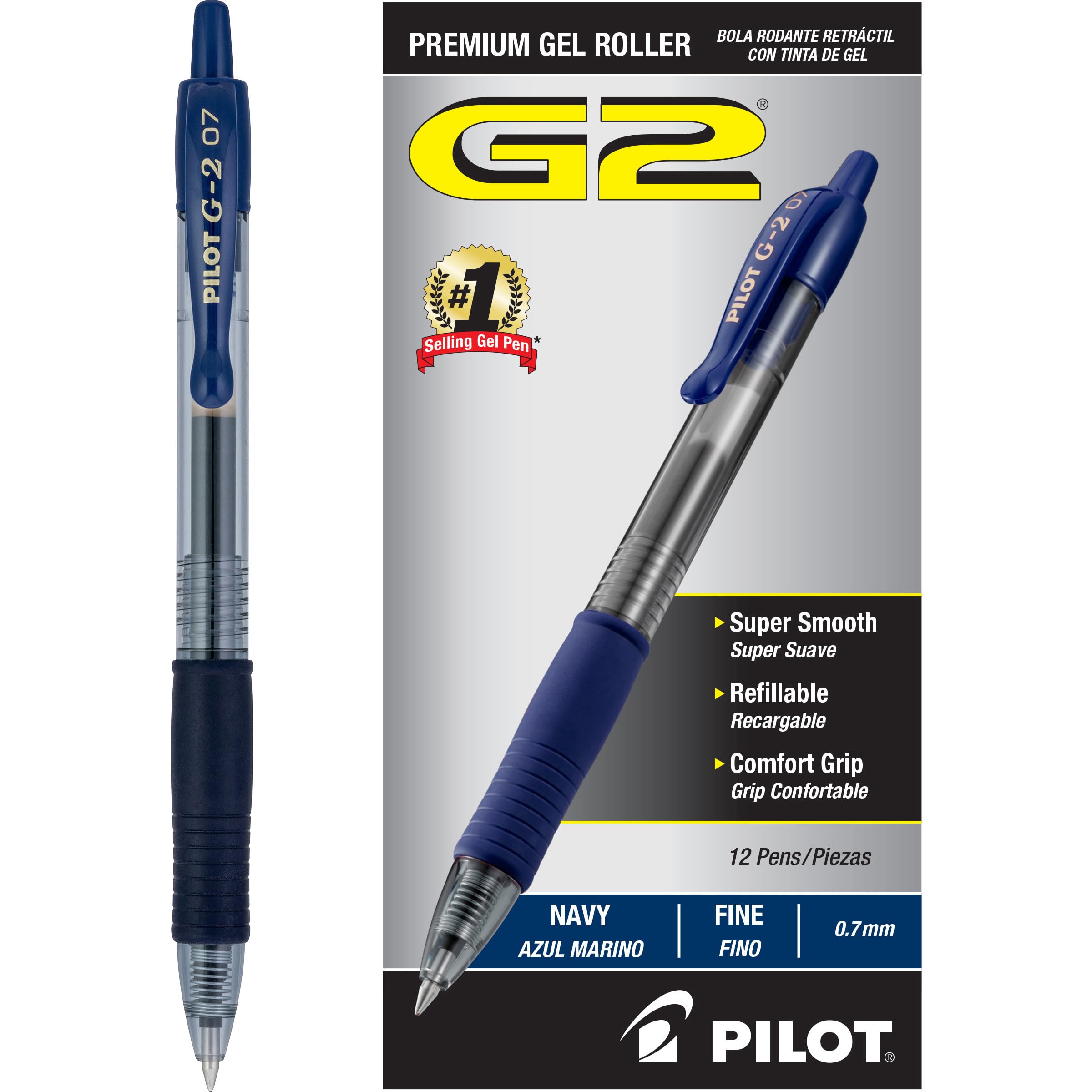 Pilot G2 Premium Gel Roller Pens, Fine Point 0.7 mm, Navy Ink Pens Fine Point, Pack of 12 - Ideal for School, Journaling, and Office Writing