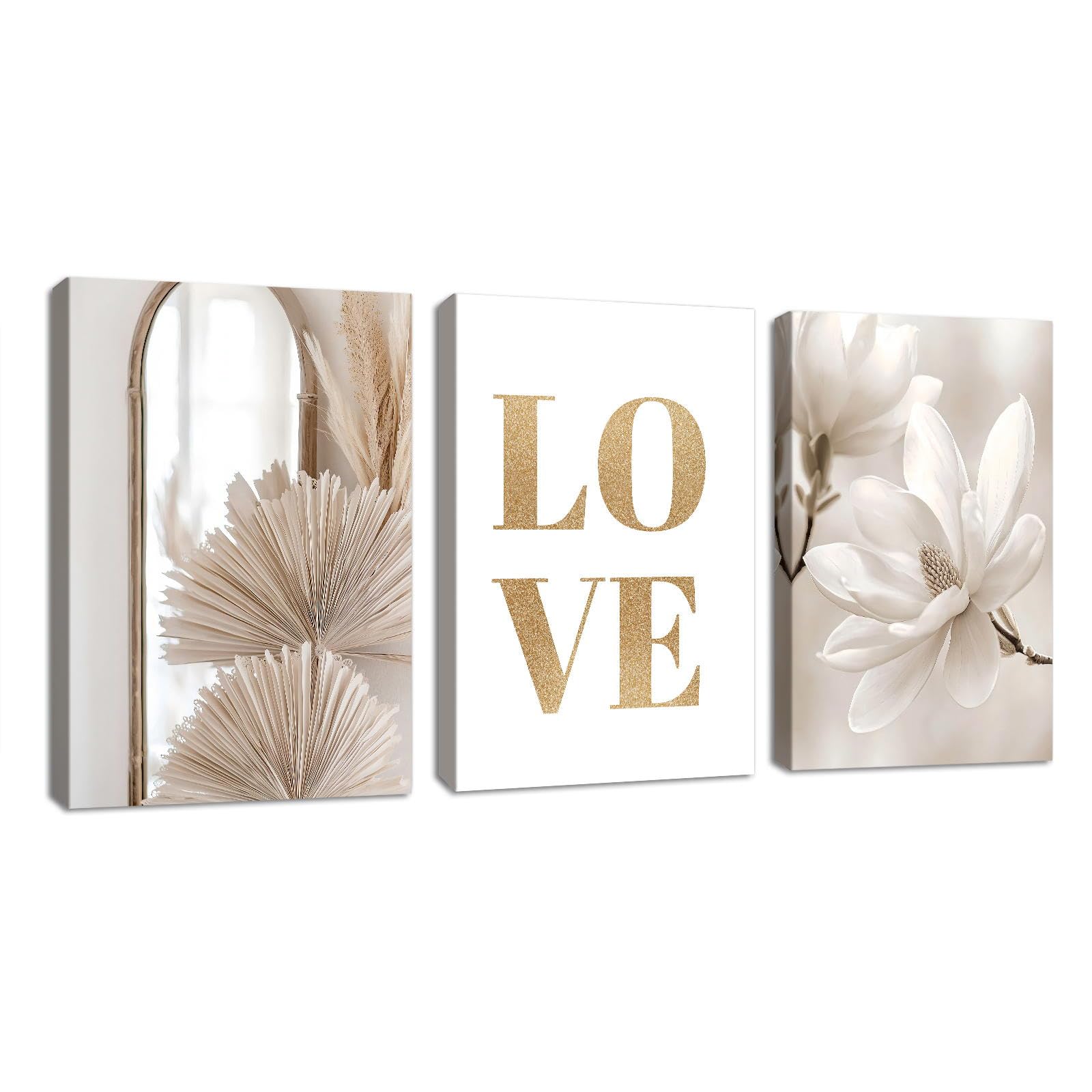 FajerminArt 3 Pcs Boho Liebe Beige Leinwandbilder Bilder mit Rahmen, Modern Weiß Magnolia Cattail bild auf leinwand Wandkunst Wandbilder Kunstdruck Deko Bild für Wohnzimmer Schlafzimmer 40x60cmx3Pcs