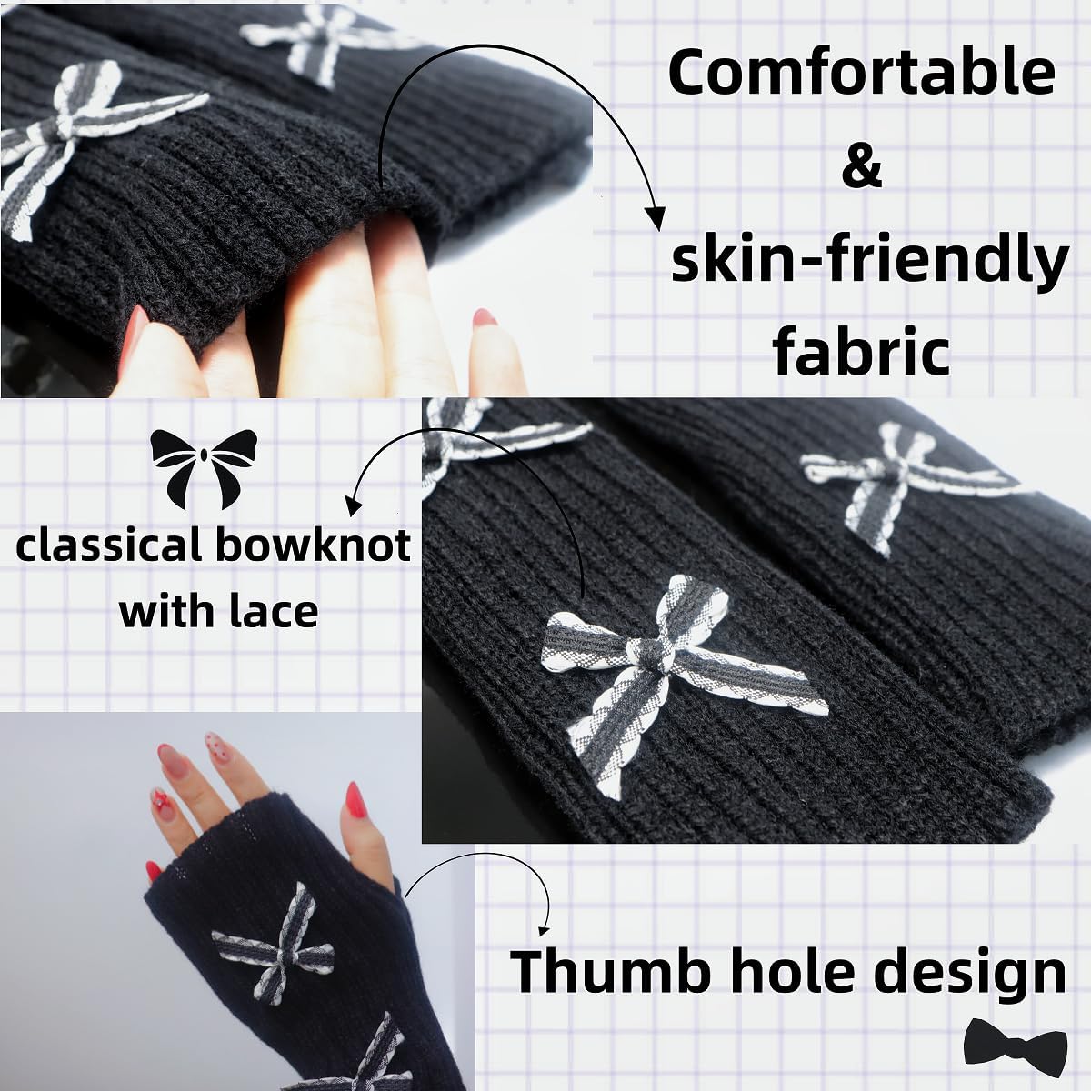 2Sets Cute Bow Knitted Arm Warmers for Women, Kawaii Black and White Long Fingerless Arm Sleeves with Bowbknot,Y2k Gloves for Cold Weather Gothic Fashionable Style