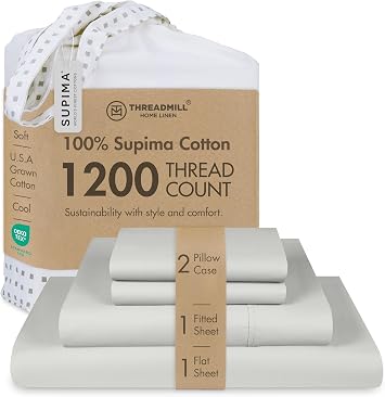 Threadmill Luxury Supima Cotton Sheets, 1200 Thread Count Soft 100% Cotton Sheets for King Size Bed, 4 Pc Light Grey King Bed Sheets Set, 5-Star Hotel Quality with Elasticized Deep Pocket King Sheet