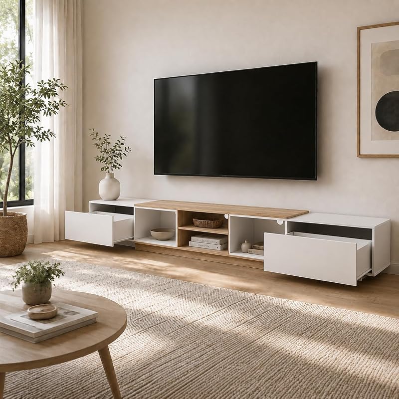 ECACAD Extendable TV Stand with 2 Drawers, 101.3"-129.9" W, Oak & White image 3