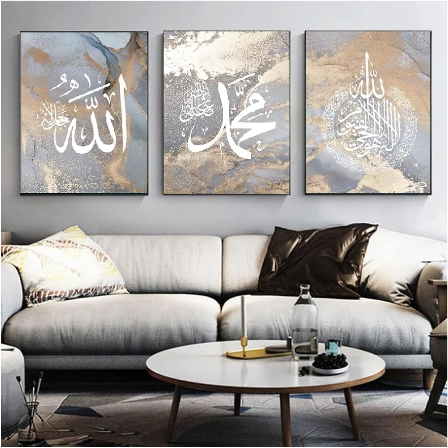 Modern Grey Marble Allah Muhammad Arabic Islamic Calligraphy Muslim Gift Minimalist Wall Art Home Decor Canvas Paintings Prints 40X50Cmx3Pcs No Frame