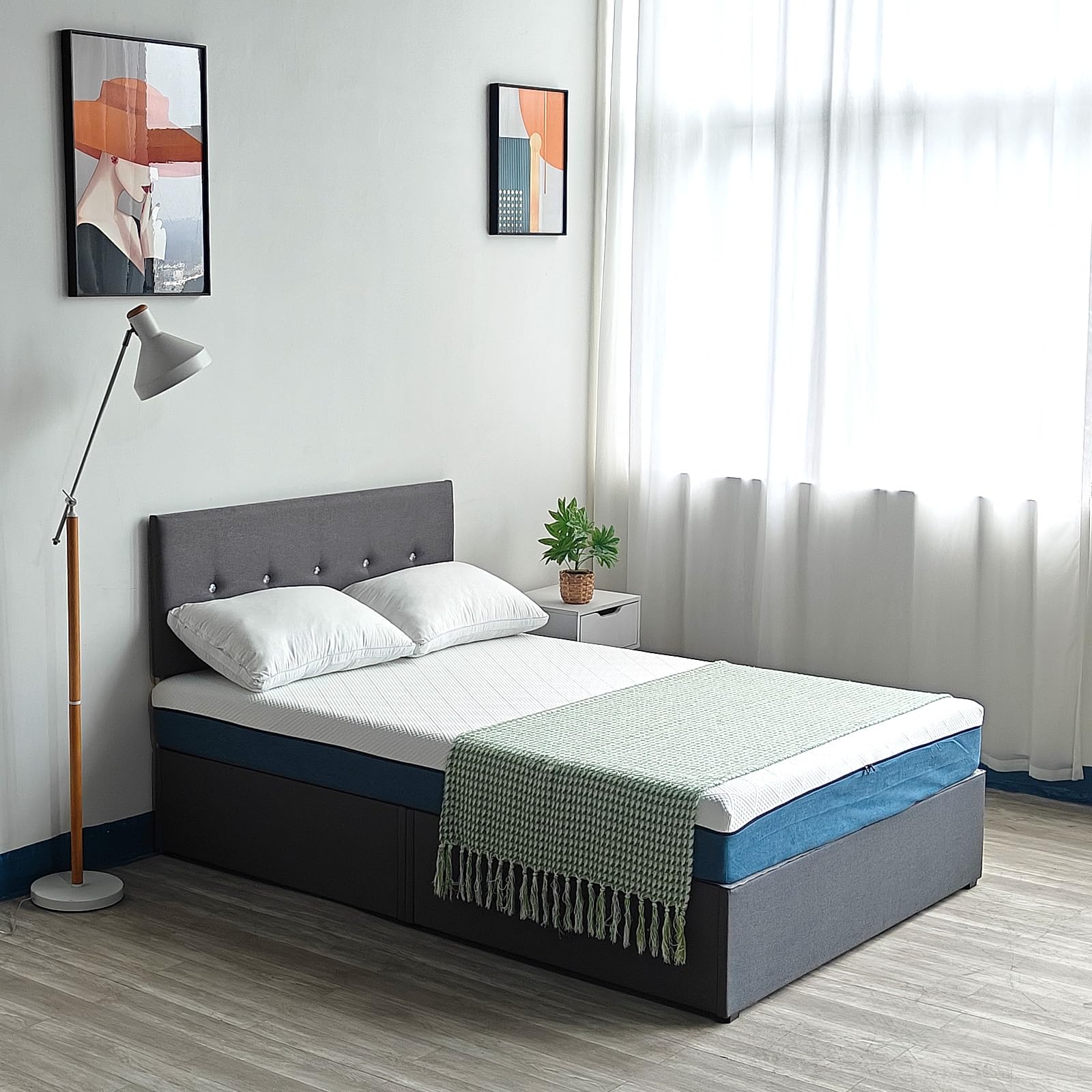 Panana Platform Bed Frame with/without Storage Drawers & Height Headboard, Grey Linen Fabric Divan Bed, Mattress Foundation with Metal Slats (4FT6 Double, with Crystals Headboard, No Drawer)