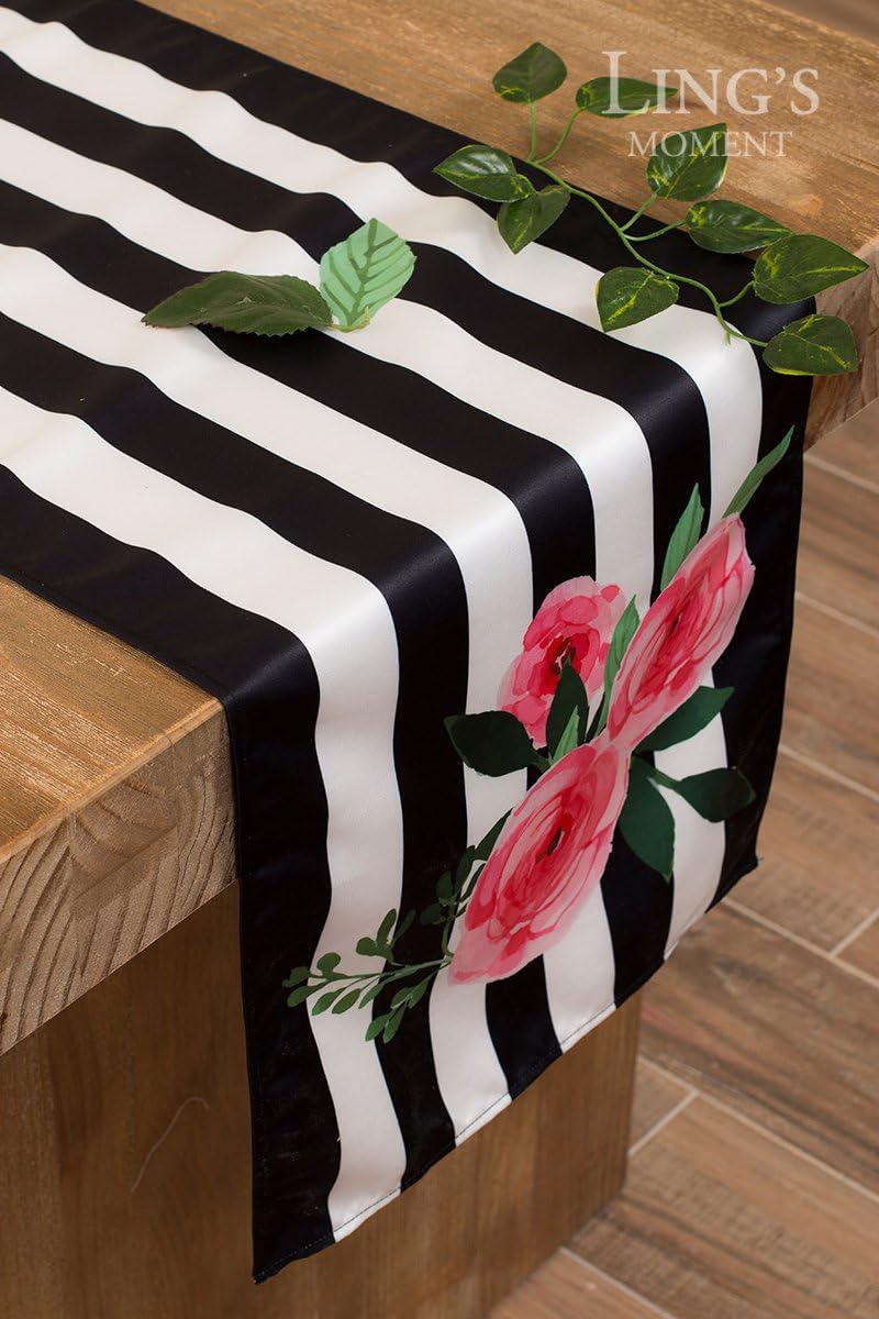 Hоttеѕt Sаlеѕ Ling's moment 12 x 72 Inch Floral Black and White Striped Table Runner for Wedding Party Bridal Shower Decorations Frее Shірріng 🛒 Ling's moment 12 x 72 Inch Floral Black and White Striped Table Runner for Wedding Party Bridal Shower Decorations