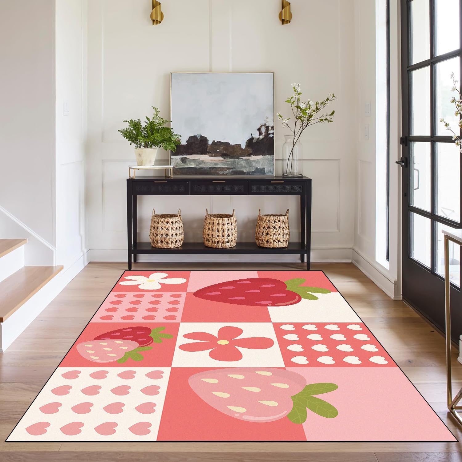 Strawberry Checkered Rug Cute Red Area Rug Love Flower Washable Carpet for Entryway Bedroom Living Room Kitchen Nursery Home Decor Soft Non Slip Floor Mat，3'x5'