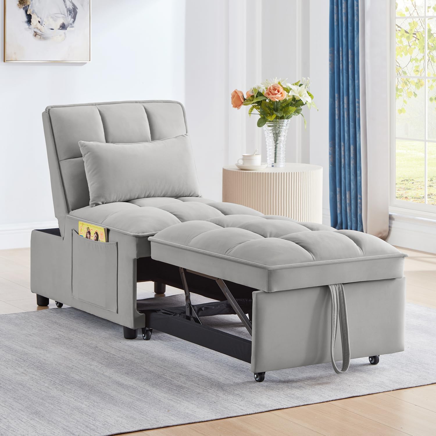 Gray 3 in 1 Convertible Chair Sleeper Bed Single Recliner Hide a beds Chairs for Adults with Pullout Bed Side Pocket Adjustable Backrest and Pillows Velvet Bedroom Foldable Couch