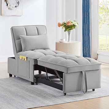Gray 3 in 1 Convertible Chair Sleeper Bed Single Recliner Hide a beds Chairs for Adults with Pullout Bed Side Pocket Adjustable Backrest and Pillows Velvet Bedroom Foldable Couch