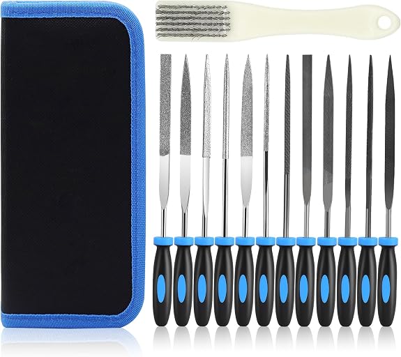 SOWKIPE 13Pcs Premium Small File Set, 6 Diamond Files, 6 Steel Files, Cleaning Brush & Carrying Case for Wood, Plastic, Jewelry, Leather, DIY