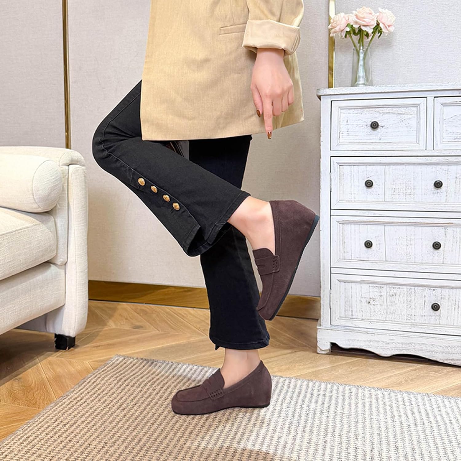 Women's Suede Wide Toe Loafers with Height-Increasing Insoles Comfort Wide Toe Slip-On Inner Wedge Heel Loafer Shoes for Home Walking Office Party