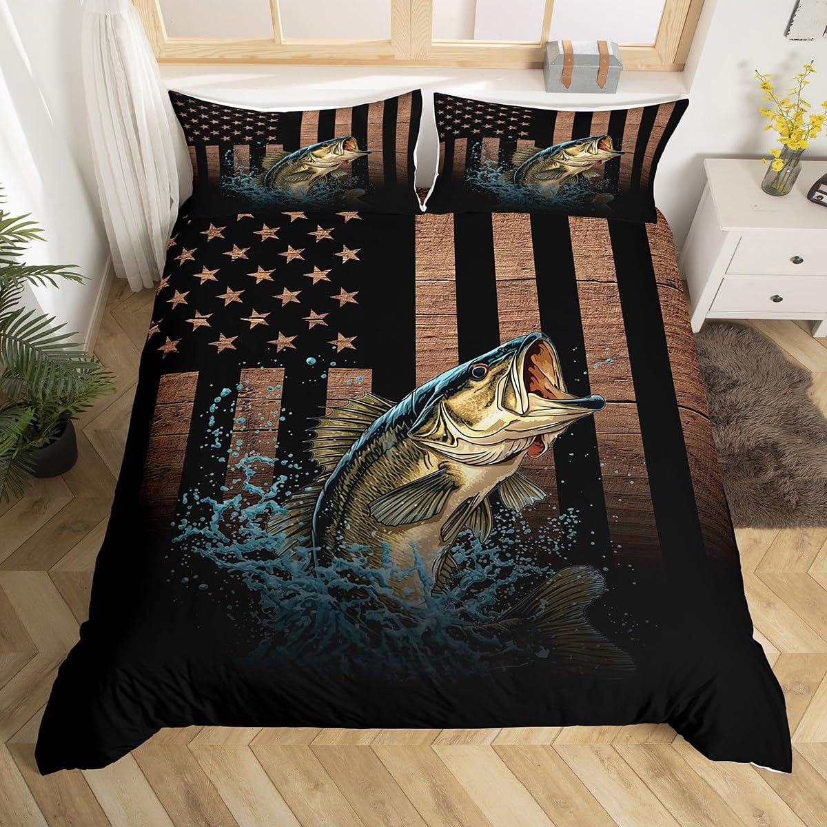 Loussiesd Flag Comforter Cover Fishing and Hunting Bedding Set for Kids Boys Girls Teens Room Decor Pike Fish Duvet Cover Single Size Rustic Wooden Bedspread Cover 2Pcs Zipper