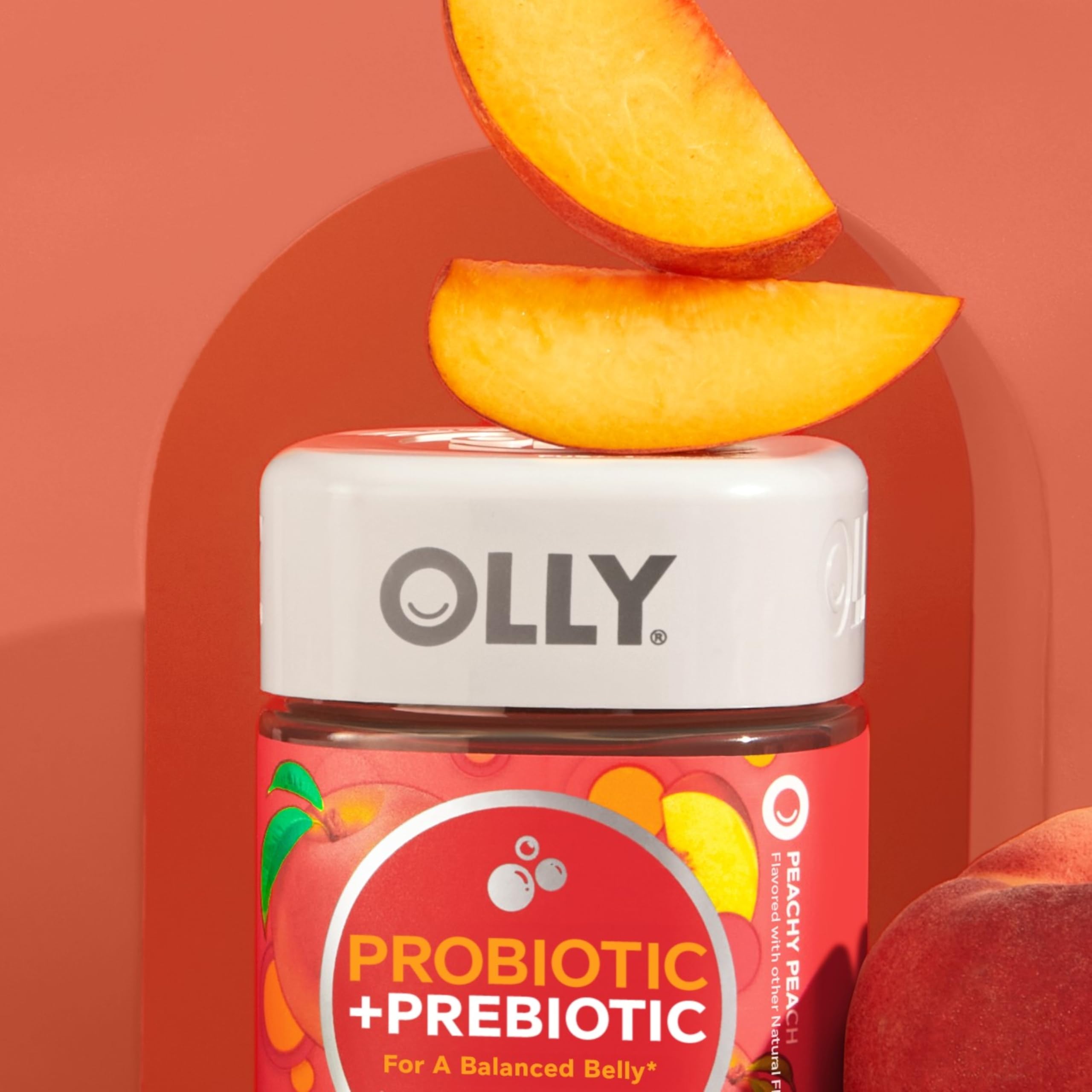 OLLY Probiotic + Prebiotic Gummy, Digestive Support and Gut Health, 500 Million CFUs, Fiber, Adult Chewable Supplement for Men and Women, Peach, 60 Day Supply - 60 Count