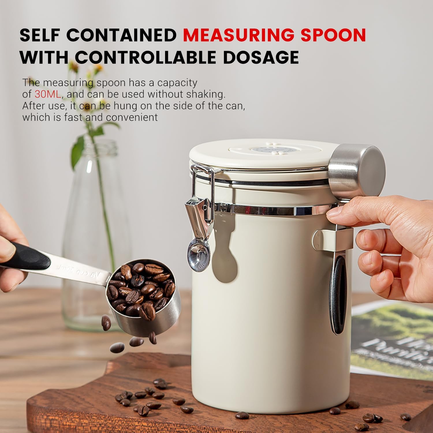 Airtight Coffee Container with Date Tracker & Spoon - Kitchen Storage Jar for Coffee Grounds, Cereal, Beans, Sugar (Black, 38OZ)