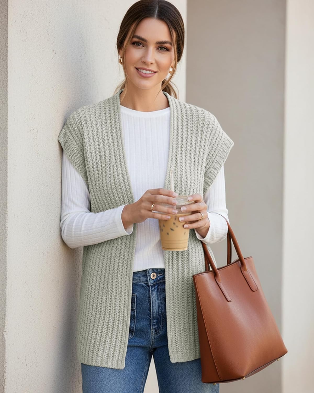 Womens Fall Sleeveless Chunky Knit Long Sweater Vest Crochet Trendy Open Front Cardigan Sweater Tops Grey - Image 2