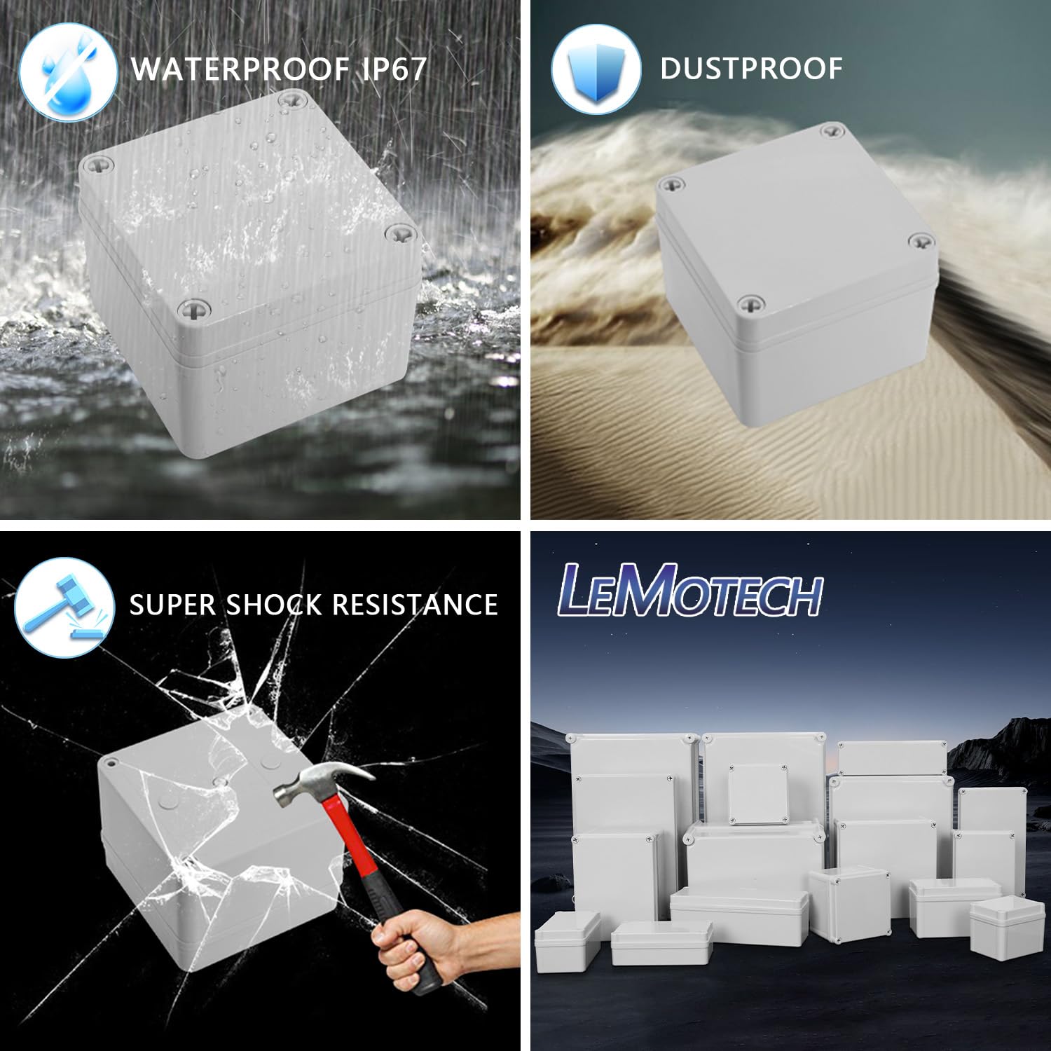 LeMotech junction box showcasing IP67 waterproof, dustproof, impact resistant, and corrosion resistant properties