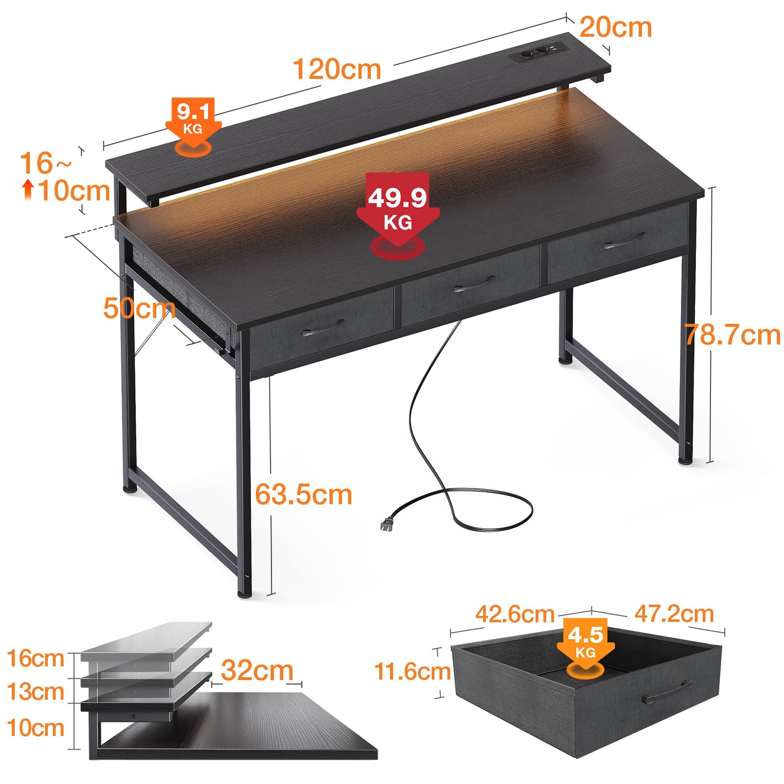ODK Scrivania con 3 Cassetti, Scrivania da Gaming con Luci LED, Tavolo da Gioco con Prese di Corrente e 2 Prese di Ricarica USB, Tavolo per Computer con Supporto per Casa (Nero, 120x50x92.7cm)