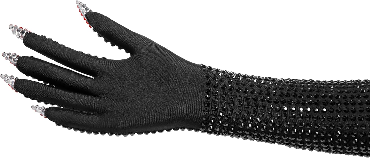 Long Black Sparkly Gloves with Rhinestone Embellishments Red Tips Nails Costume Accessory