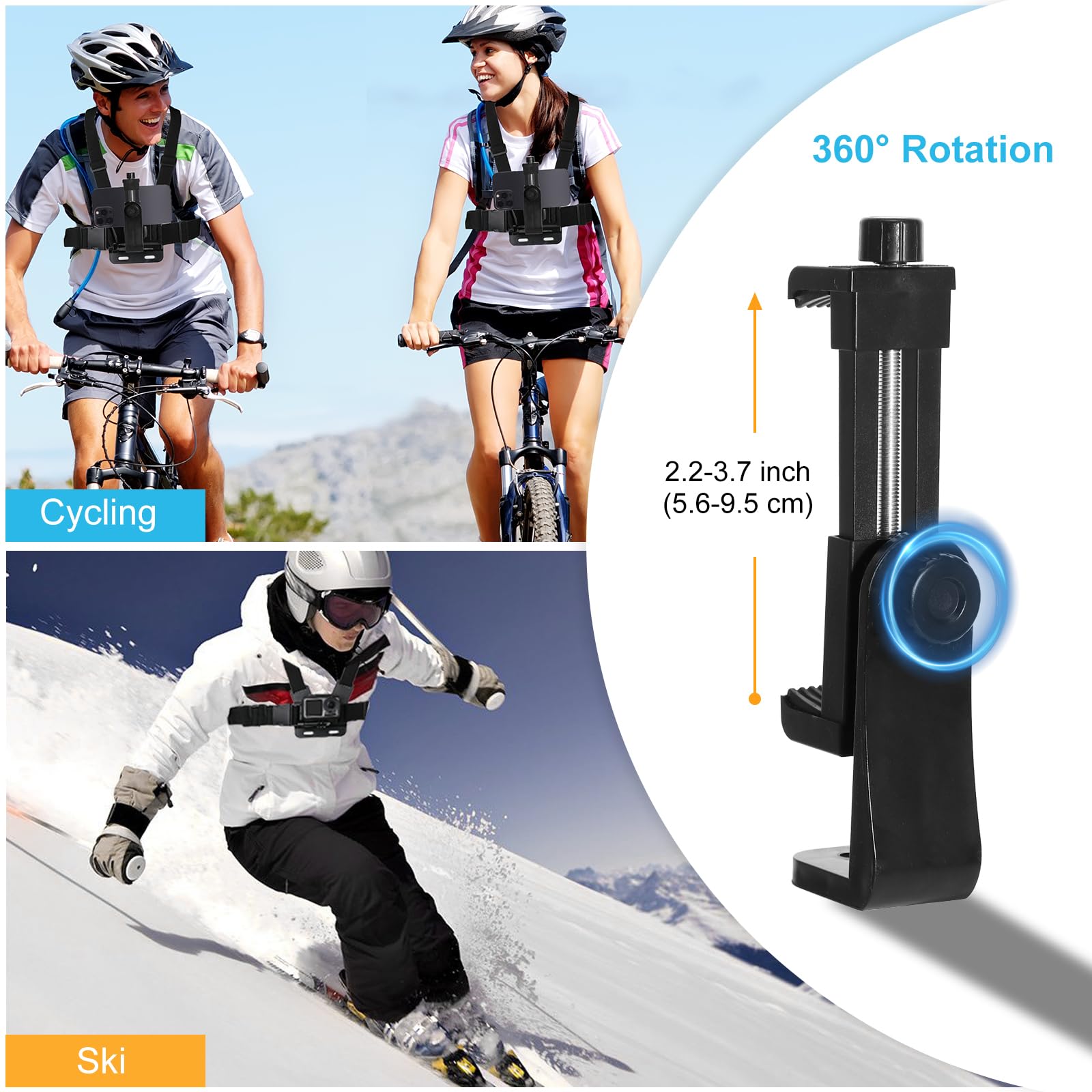 Imbracatura per telefono, regolabile, con rotazione a 360° per registrazione verticale e orizzontale, supporto per fotocamera a mani libere per Vlog, ciclismo, pesca, viaggi, video POV