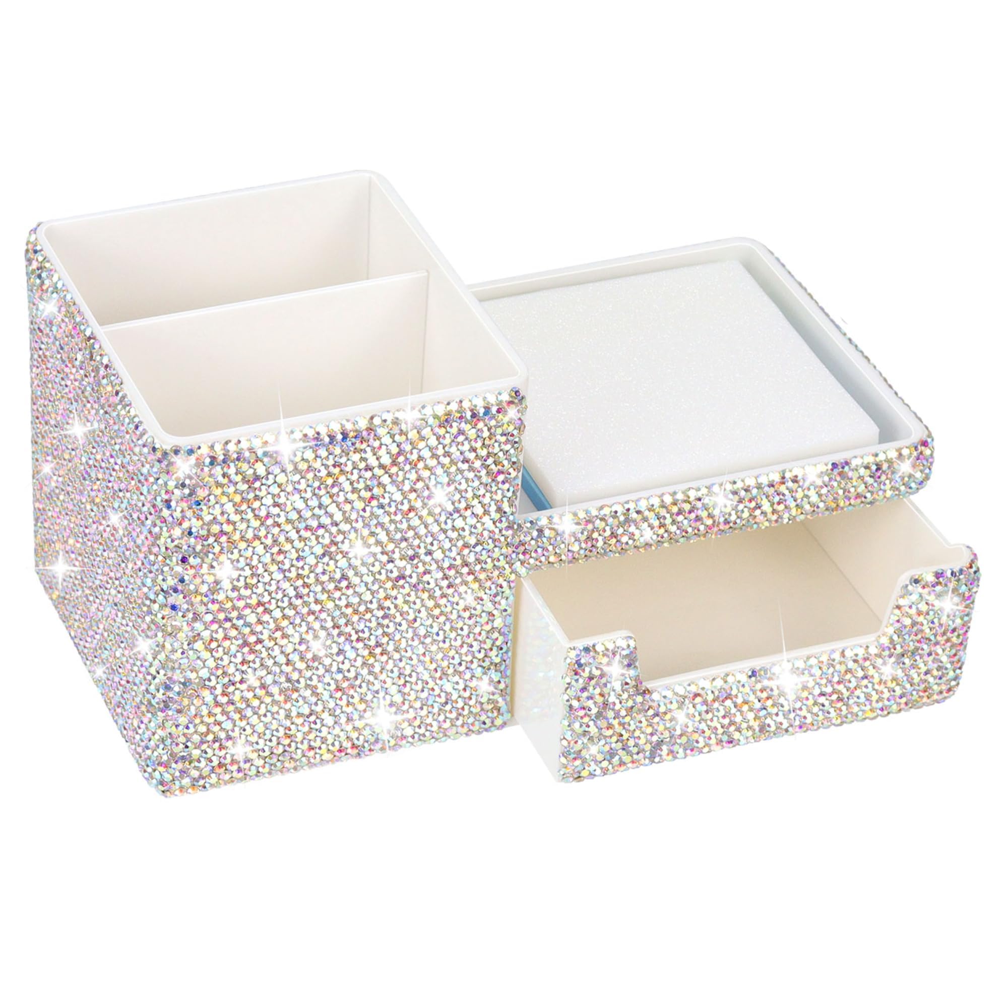 MultiBey Silver Bling Desk Organizer with Drawer, Sparkly Handmake Rhinestone Pen Holder for Desk, Girls Glitter Office Supplies & Desktop Storage with 3x3 Sticky Note Tray, Silver