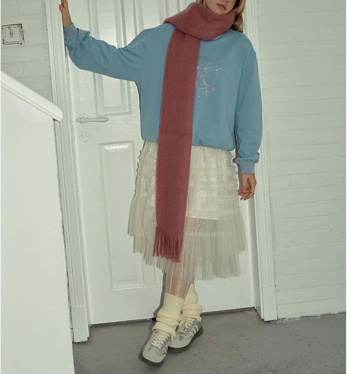 Large Chunky Scarf Cold Weather Winter Warm Scarves for Women Mohair Wool Blend Fashion Tassel Soft Long Scarf