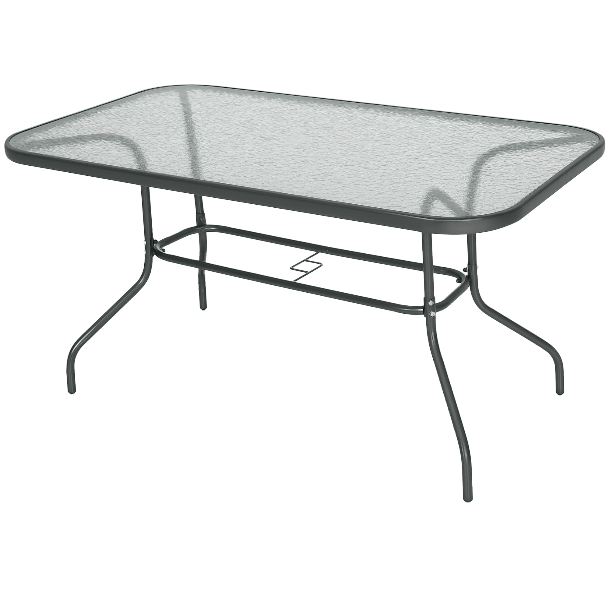 Outsunny Garden Dining Table Glass Top Metal Frame with Parasol Hole Outdoor Balcony Grey 140L x 80Wcm
