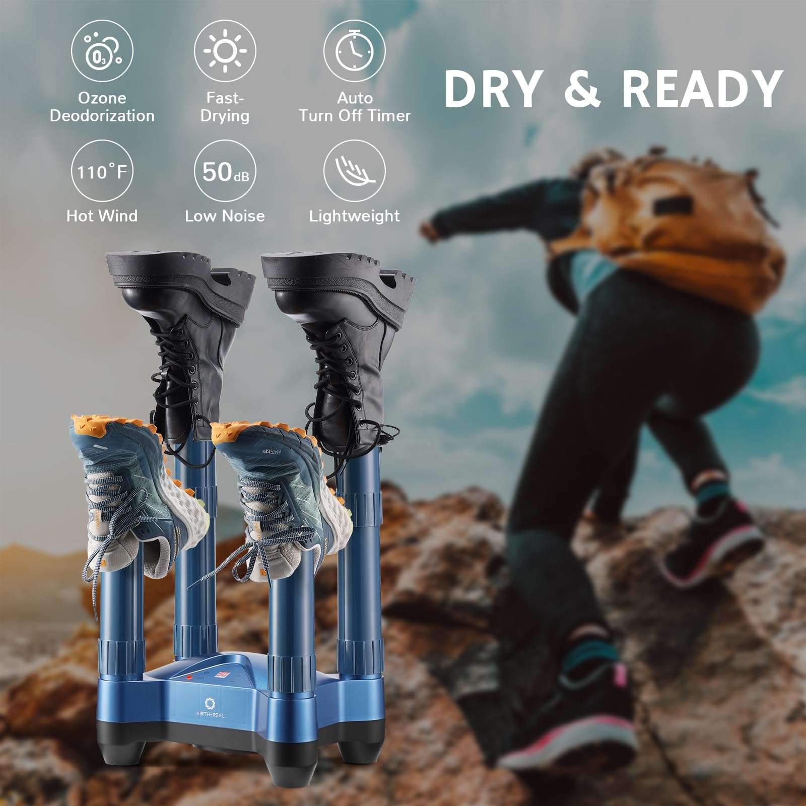 AIRTHEREAL SD20 Secador de Zapatos & Desodorizador Ozono | Secador Eléctrico 4 Brazos para Botas de Fútbol (Mundial), Senderismo, Esquí & Trabajo | Con Temporizador, Azul