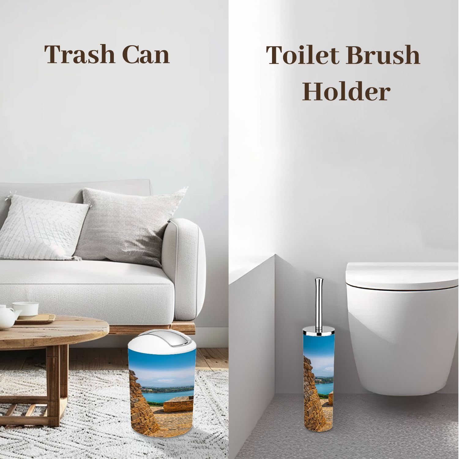 Bathroom Accessory Set 6PCS Old san Juan Lookout Tower Puerto rico Trash Can, Soap Dispenser, Toothbrush Holder, Toothbrush Cup, Toilet Brush Holder, Soap Dish for Gifts