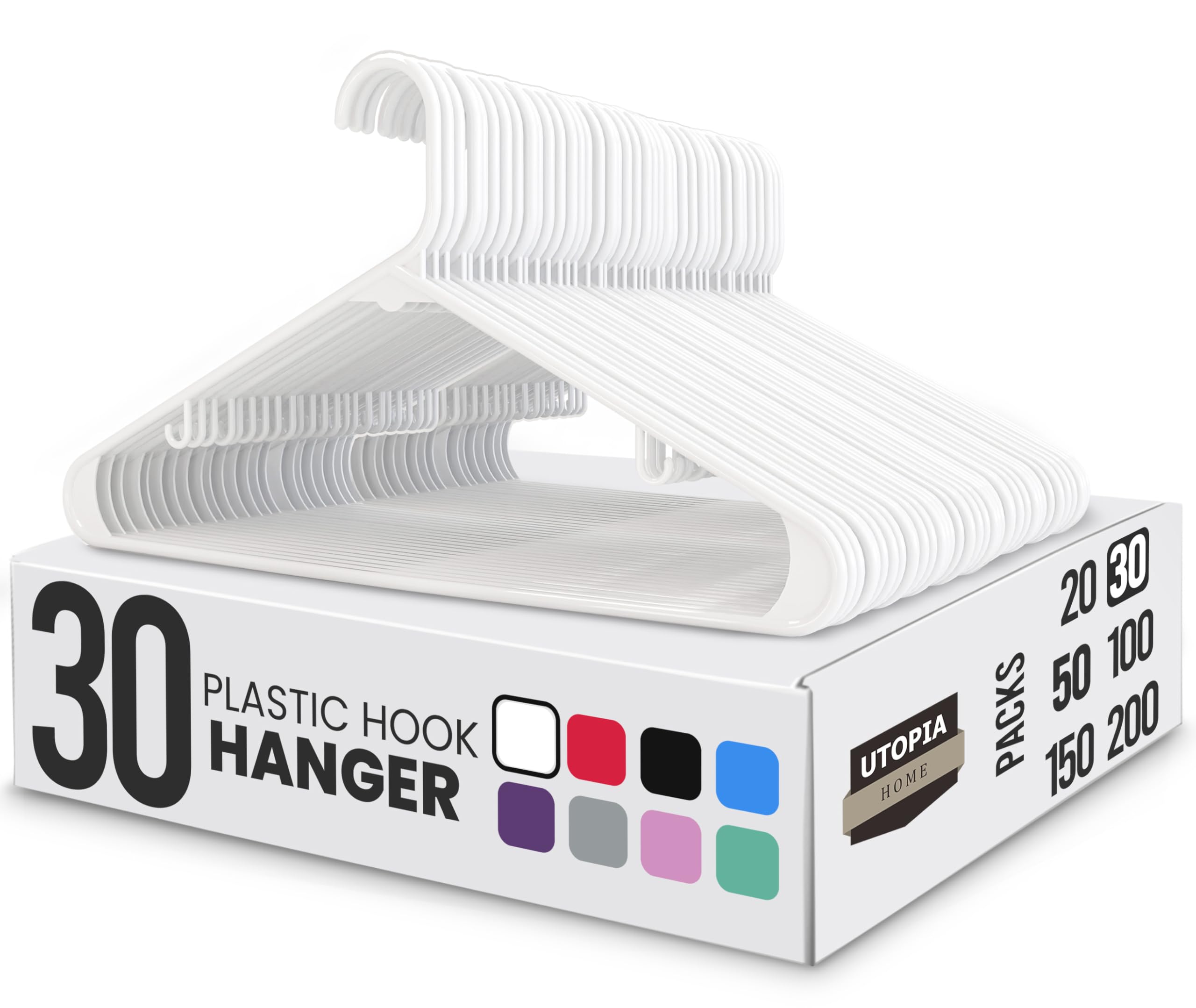 Utopia Home Plastic Hangers 30 Pack - Clothes Hanger with Hooks - Durable & Space Saving (White)