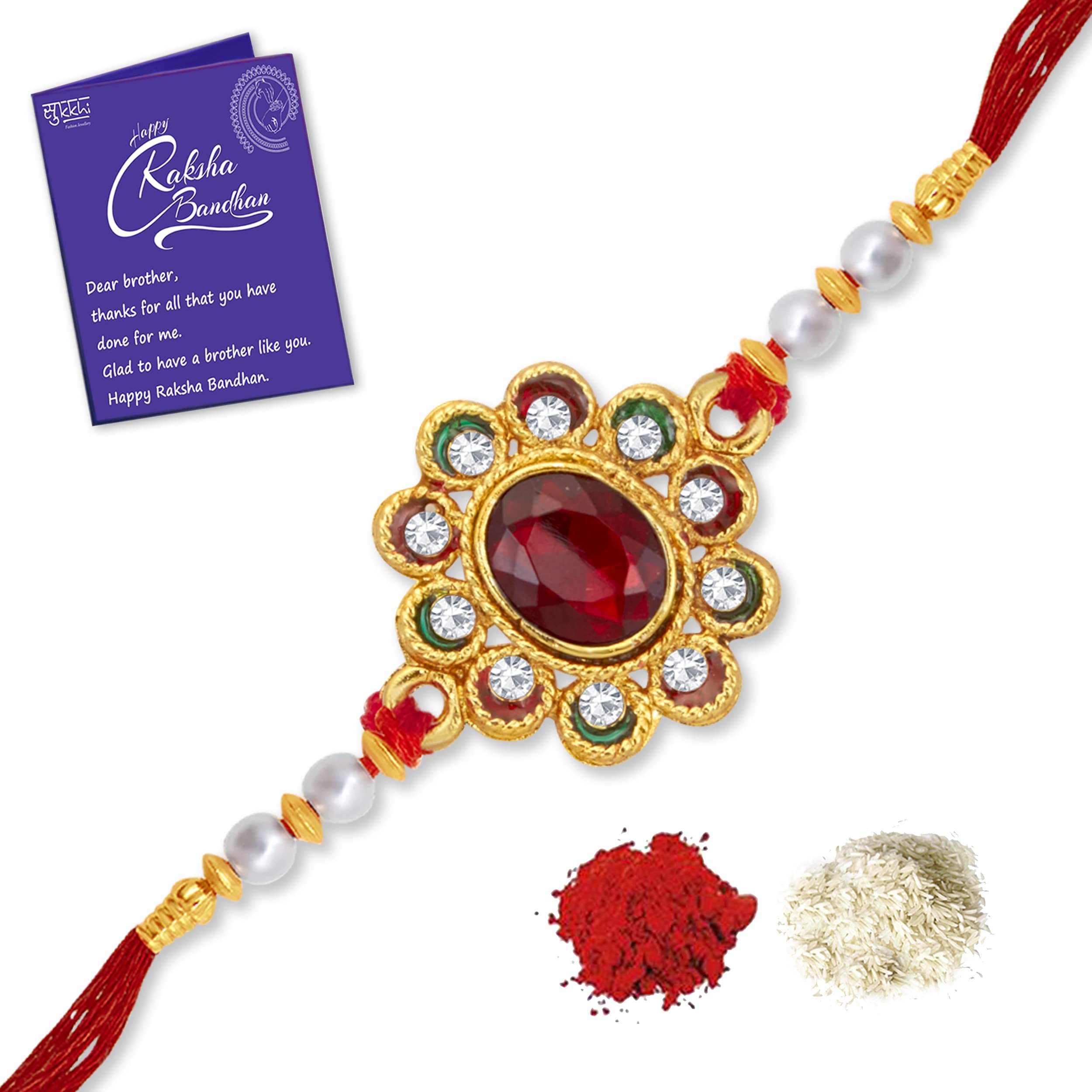 Sukkhi Rakhi Intricate Kundan Designer Gold Plated Premium Rakhi for Brother With Roli Chawal & Greeting Card | Rakhi for Bhaiya | Rakhi for MEN | Kundan Rakhi | (RAK104476) (B0B6378841) Amazon Price History, Amazon Price Tracker