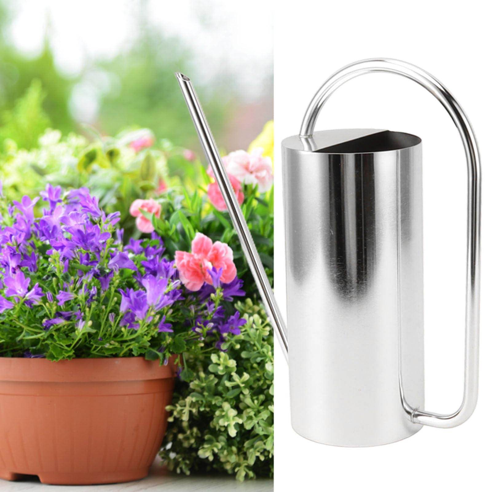 Edelstahl-Gießkanne 1,5 Liter, Lange Tülle für Präzises Gießen, Rostfreie Gießkanne für Zimmerpflanzen, Garten, Balkon, Innen- und Außenbereich (Silber)