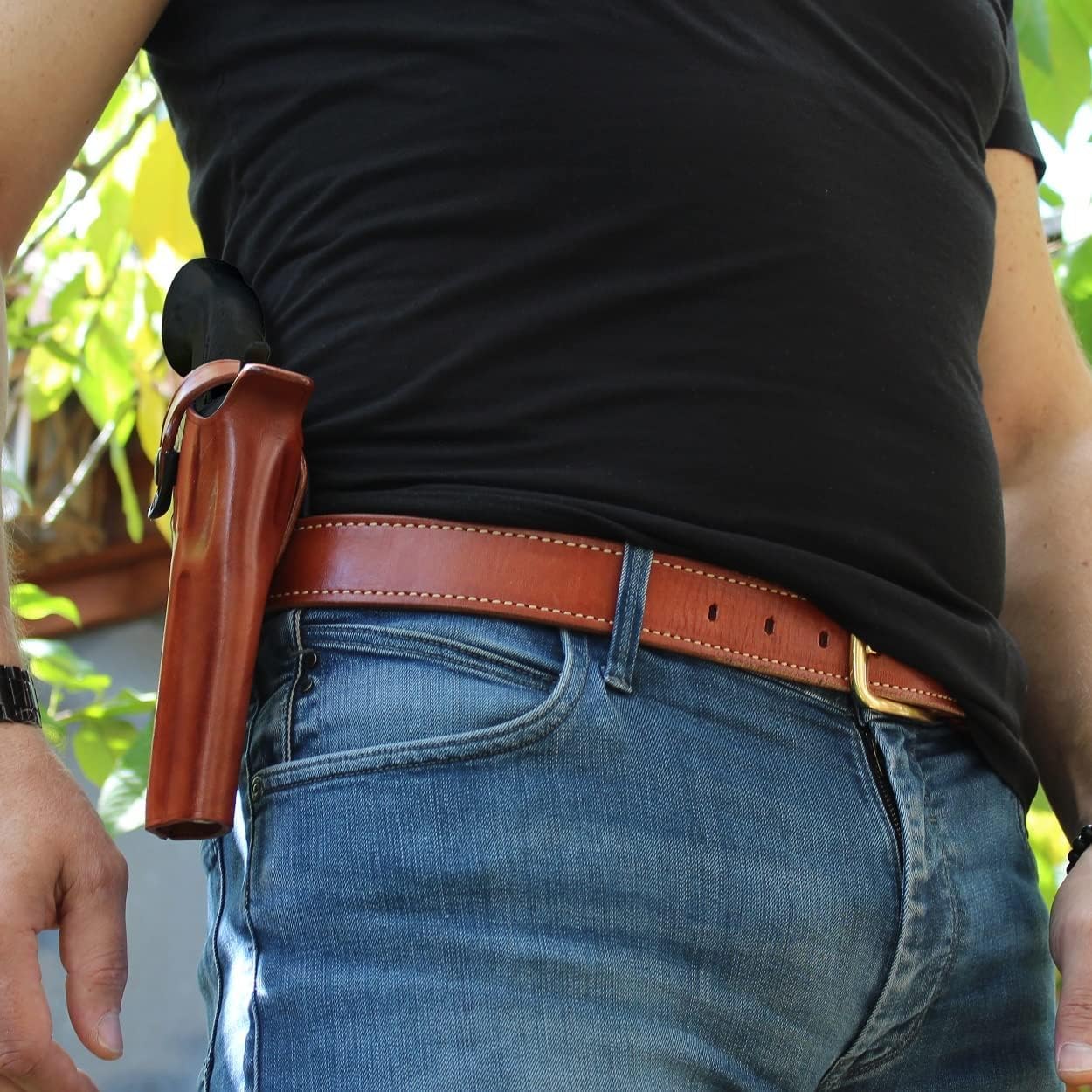 Masc OWB Leather Paddle Revolver Holster with Retention Strap, Fits Python .357 Magnum 5-inch, Right Hand Draw, Brown #1645#