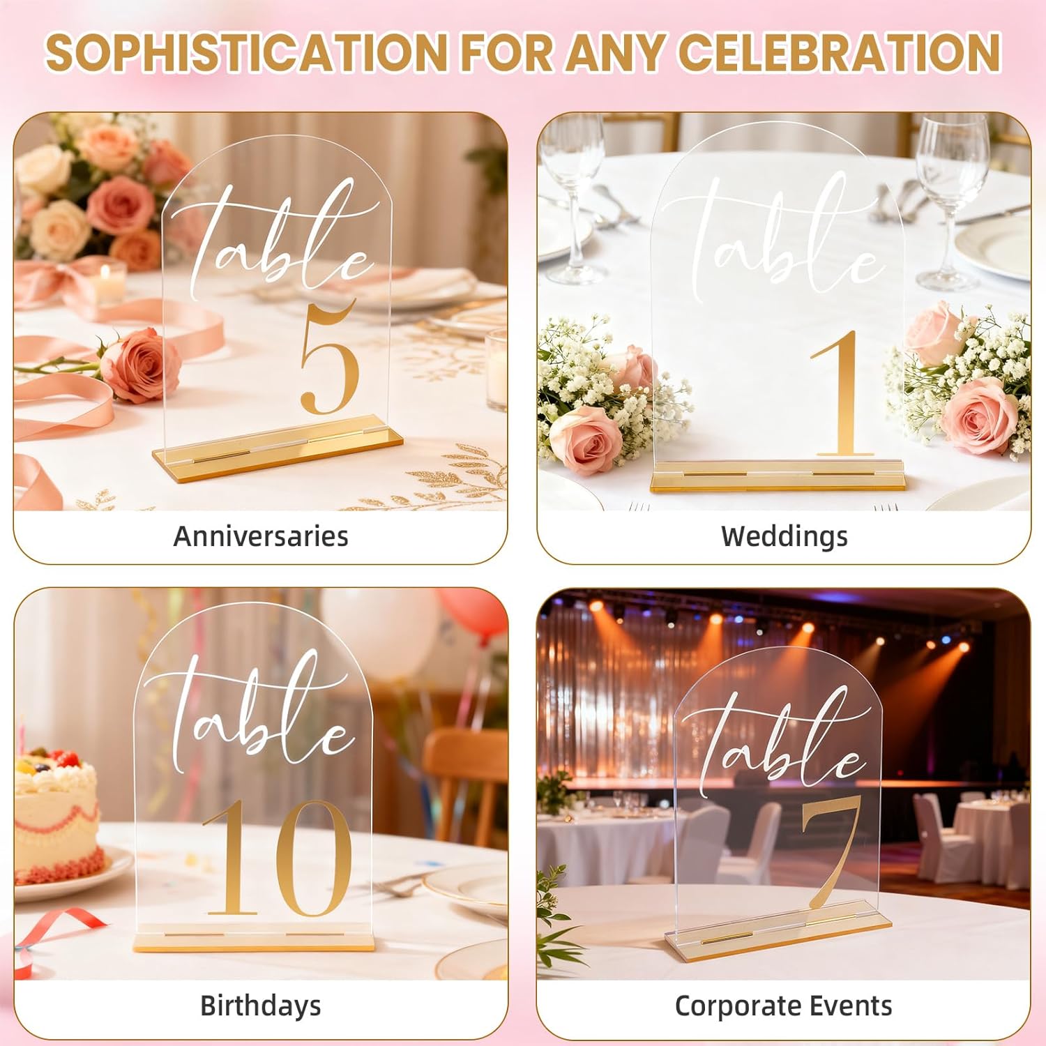 Wedding Table Numbers 1-15 with Stands, 5” x 7” Elegant Acrylic Display Signs with Golden Text, Great Table Numbers for Wedding Reception, Decoration, Centerpiece, Party, Anniversary and Event