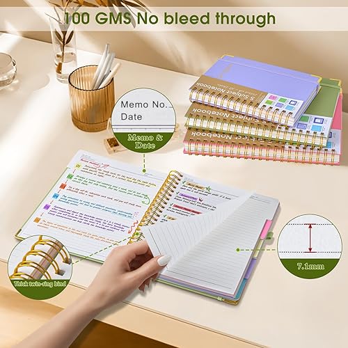 Miniatura 6 de Cuadernos en espiral de tapa dura para el trabajo, cuaderno de 5 materias a rayas universitarias con pestañas divisorias, cuaderno organizador