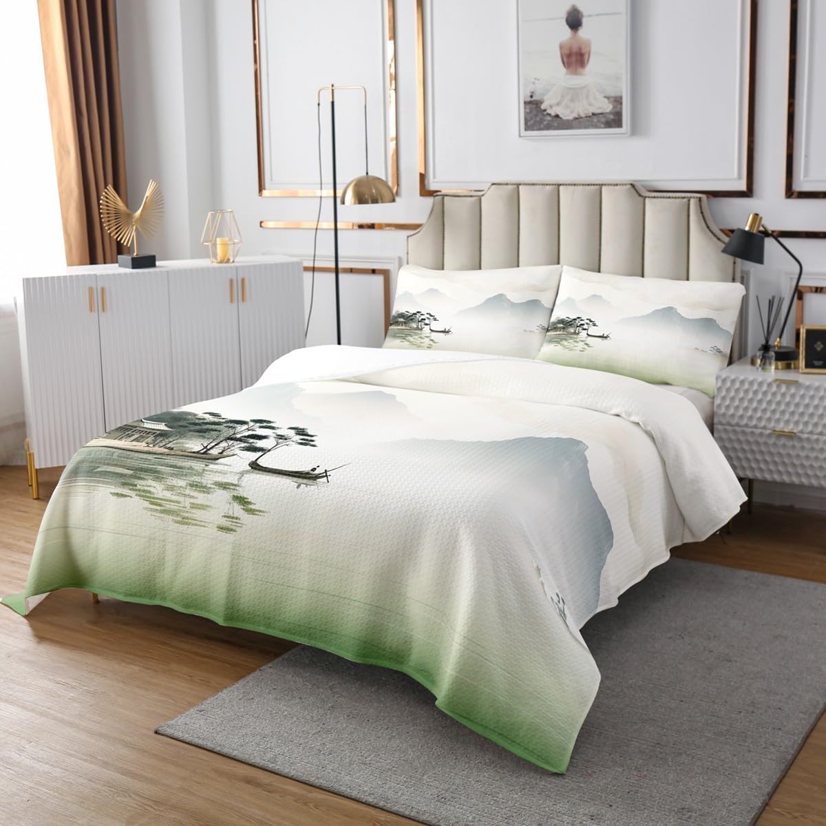 Chinese Color Painting Bedding Set,Nature Scenery Ink and Wash Theme Print Bedspread,Moutain River Wooden Cabin Comforter Set for Kids Girls Boys Exotic Lake House Style Coverlet Set,2 Pillowcases