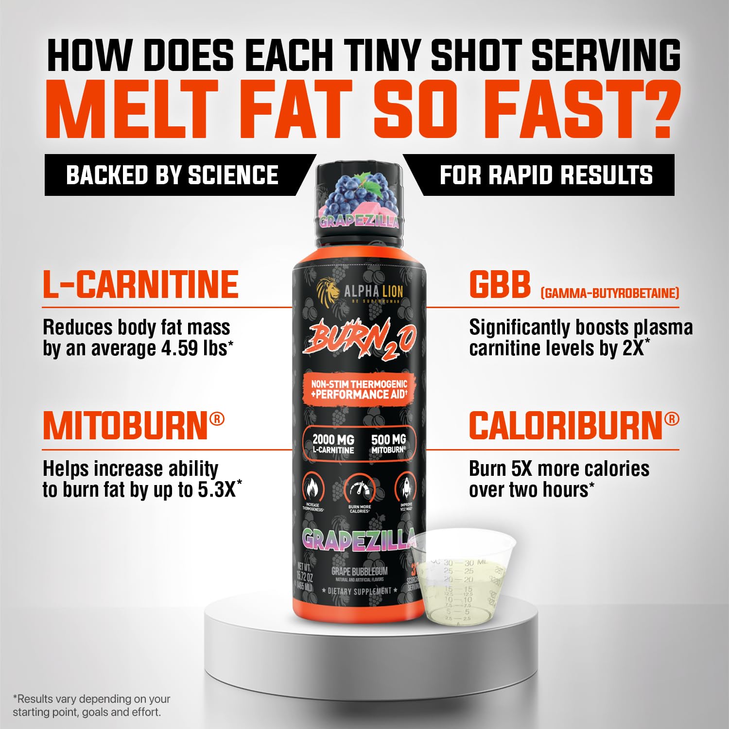 Amazon.com: ALPHA LION Burn2O L-Carnitine Liquid 2000mg  Stim Free Super  Thermogenic Fat Burner with MitoBurn & CaloriBurn GP, Metabolism Booster,  Zero Calorie, Sugar-Free (31 Servings, Grapezilla Flavor) : Health &  Household