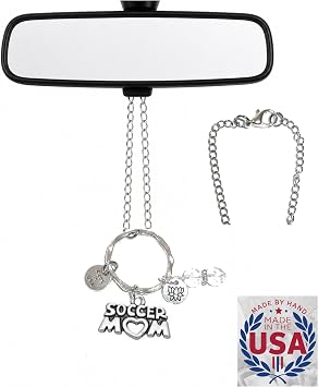 Rear View Mirror Car Charm Ornament, Sun Catcher, Hanging Pendant, Stainless Steel Chain and Crystal Accents, Packaged in a Gift Bag Soccer Mom