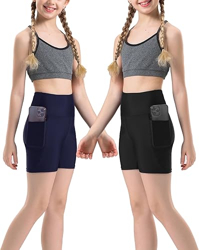 Yilisha 2 paquetes de pantalones cortos deportivos de compresión de elastano para niña, para voleibol, atletismo, natación, yoga, 2 bolsillos