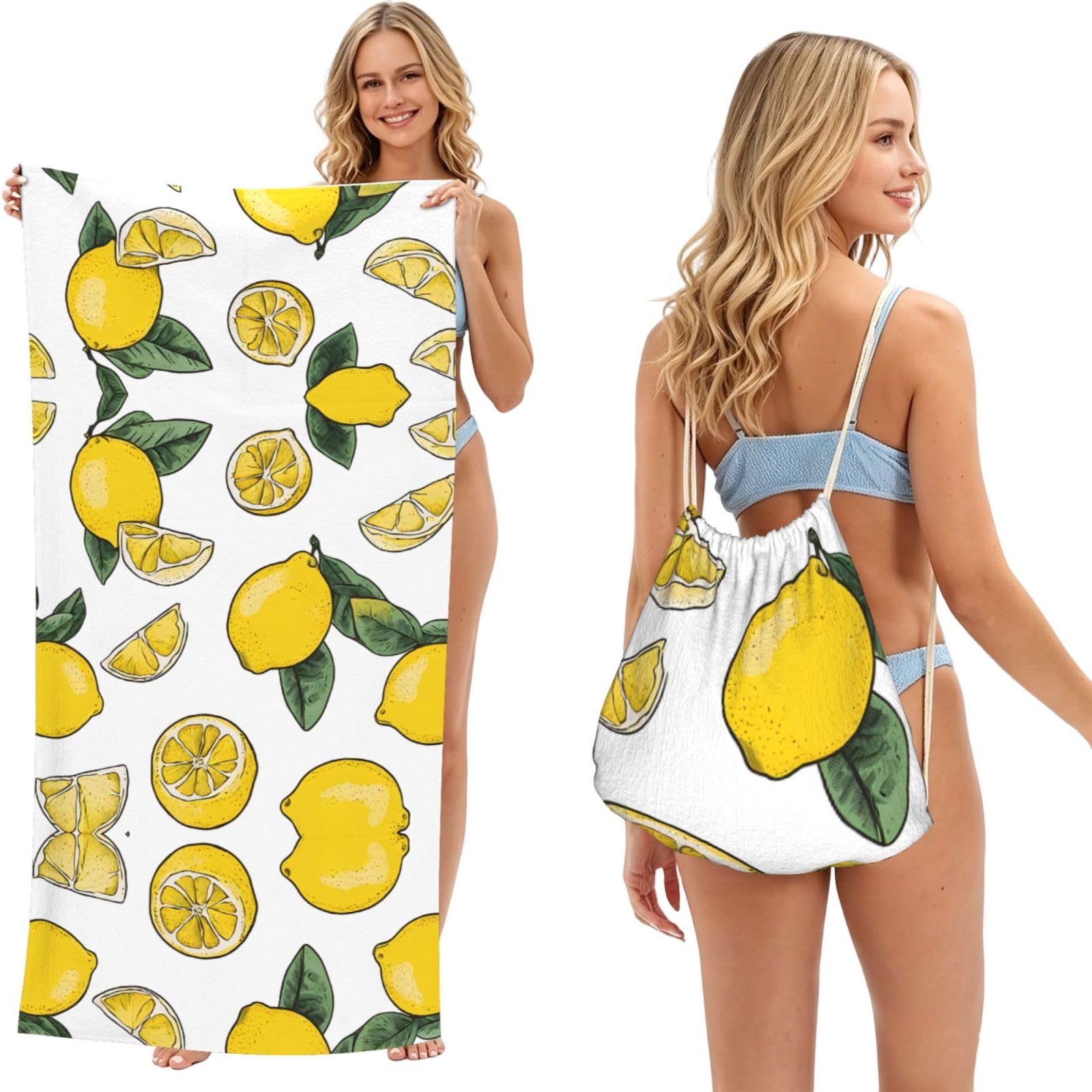 EZDLOWVBA Lemon Fruit Pattern Print Beach Towel Backpack 2 In 1 Summer Large Lightweight Beach Towel - Multifunctional Ship Pattern Towel Bag For Storage,Sport