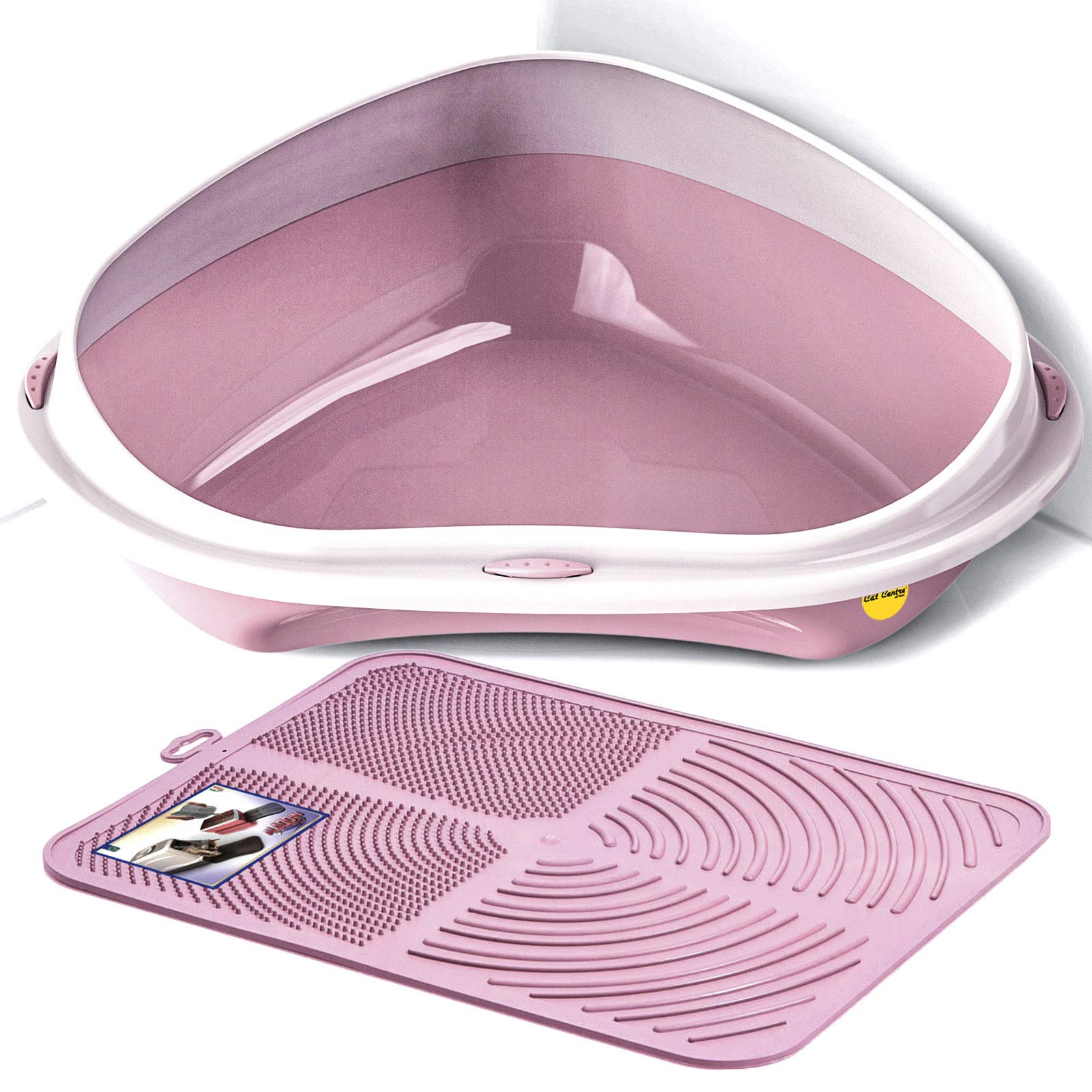 CAT CENTRE Pink Large Corner Cat Litter Tray + Pink Nonslip Mat Set Box Loo Toilet Kitten Pad