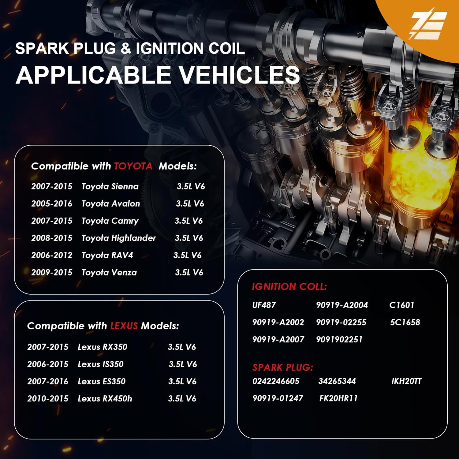 EzeXpreze Set of 6 Ignition Coils Spark Plugs for Toyota Sienna Avalon Camry Highlander RAV4 Lexus RX350 IS350 ES350 2007 2008 2009 2010 2011 2012 2013 2014 2015 Coil Packs Spark Plugs 3.5 V6# UF487