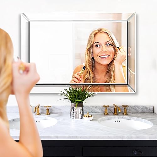 Miniatura 9 de Mirror on Mirror Wall Mirror for Bathroom, 20" x 30" Rectangular Frameless Bathroom Vanity Mirrors for Wall, Polished Beveled Edge Mirrors for
