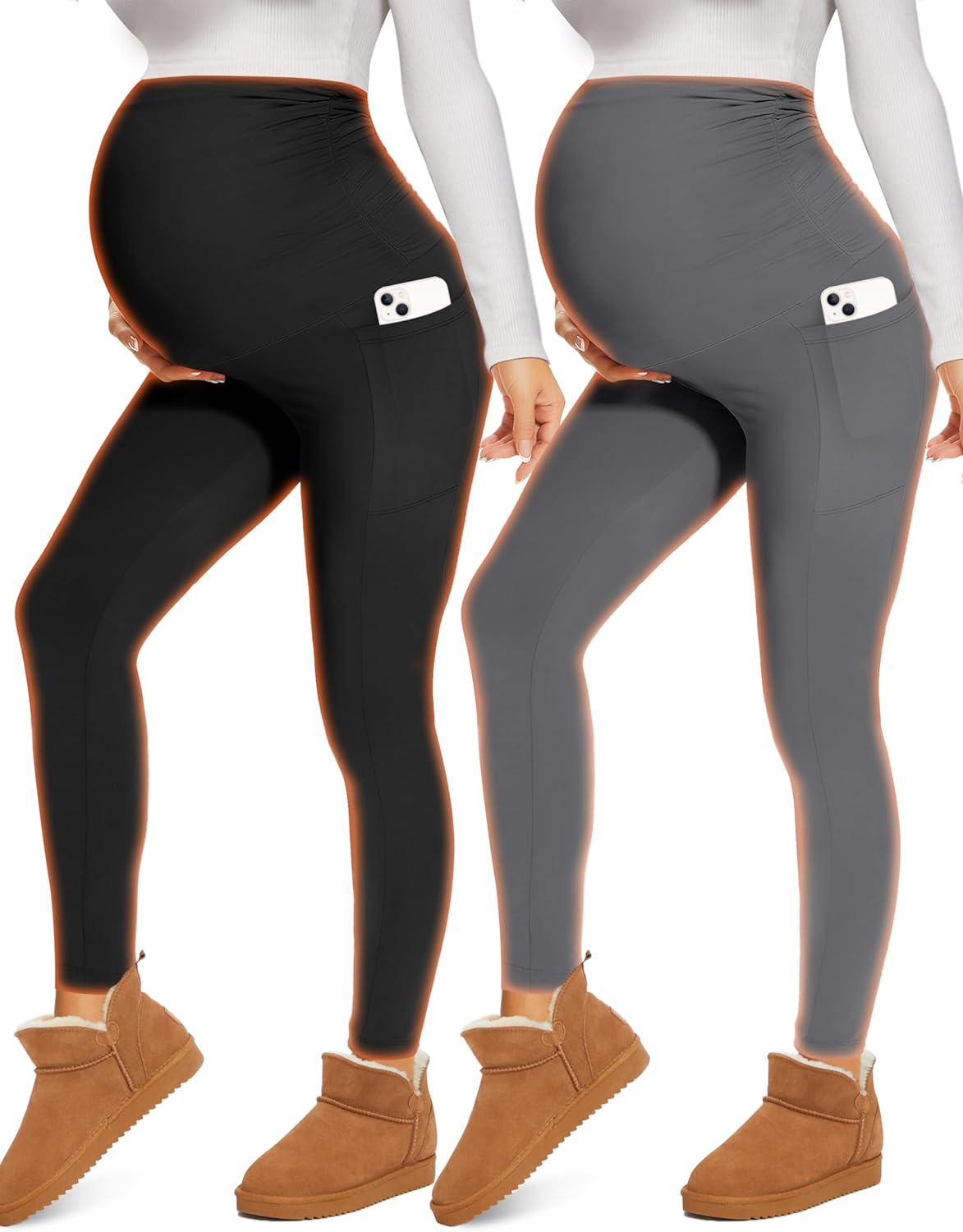 Fotociti Maternity Fleece Lined Leggings with Pockets Over The Belly,Womens Pregnancy Thermal Warm Workout Yoga Pants Winter