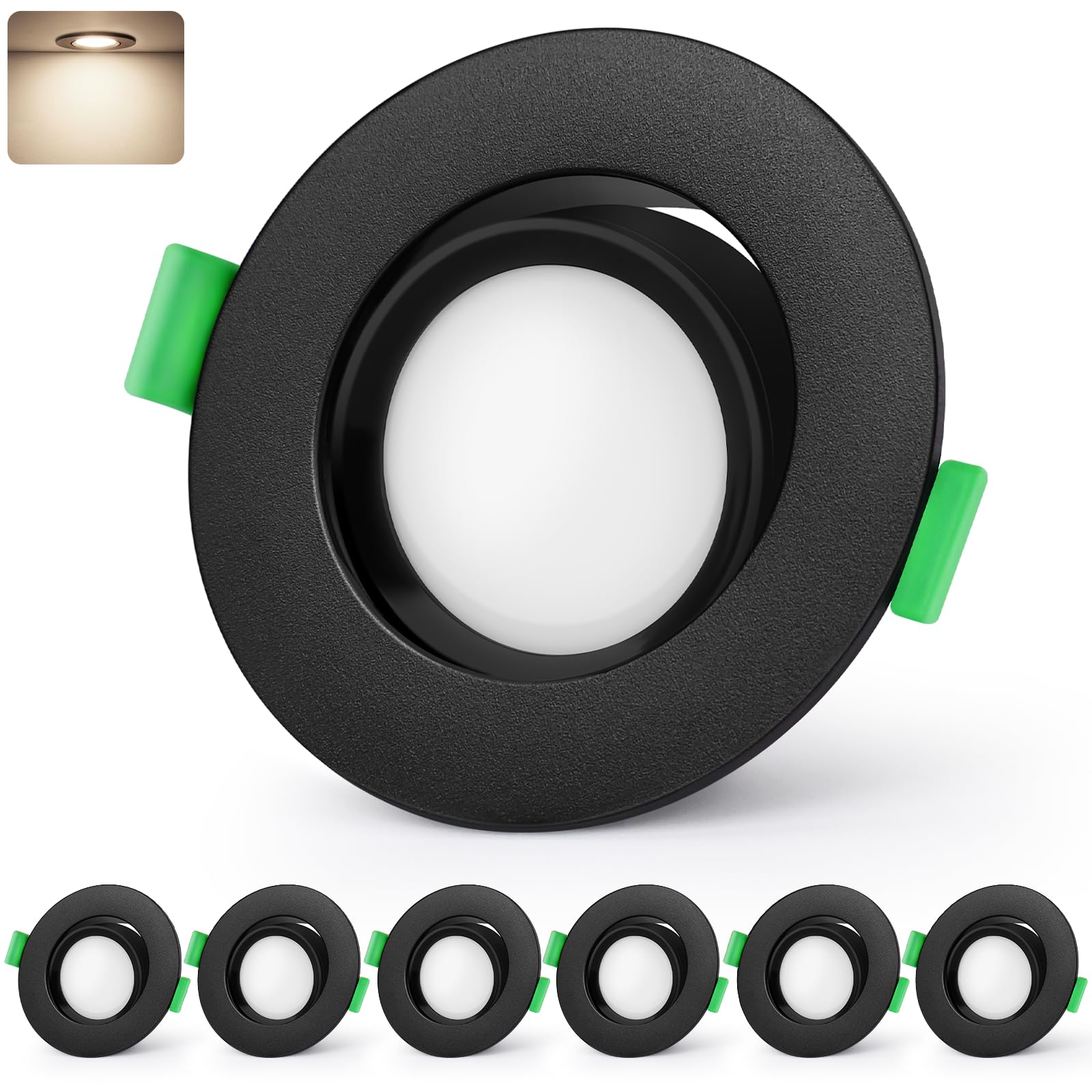 GeyouLux LED Einbaustrahler 230V IP44, 5W 4000K Neutralweiß Deckenspots | 45° Schwenkbar 68-80mm EinbauØ Einbauleuchten, Ultra Flach Einbauspots für Badezimmer Küche Rund Schwarz LED Spots 6er Set