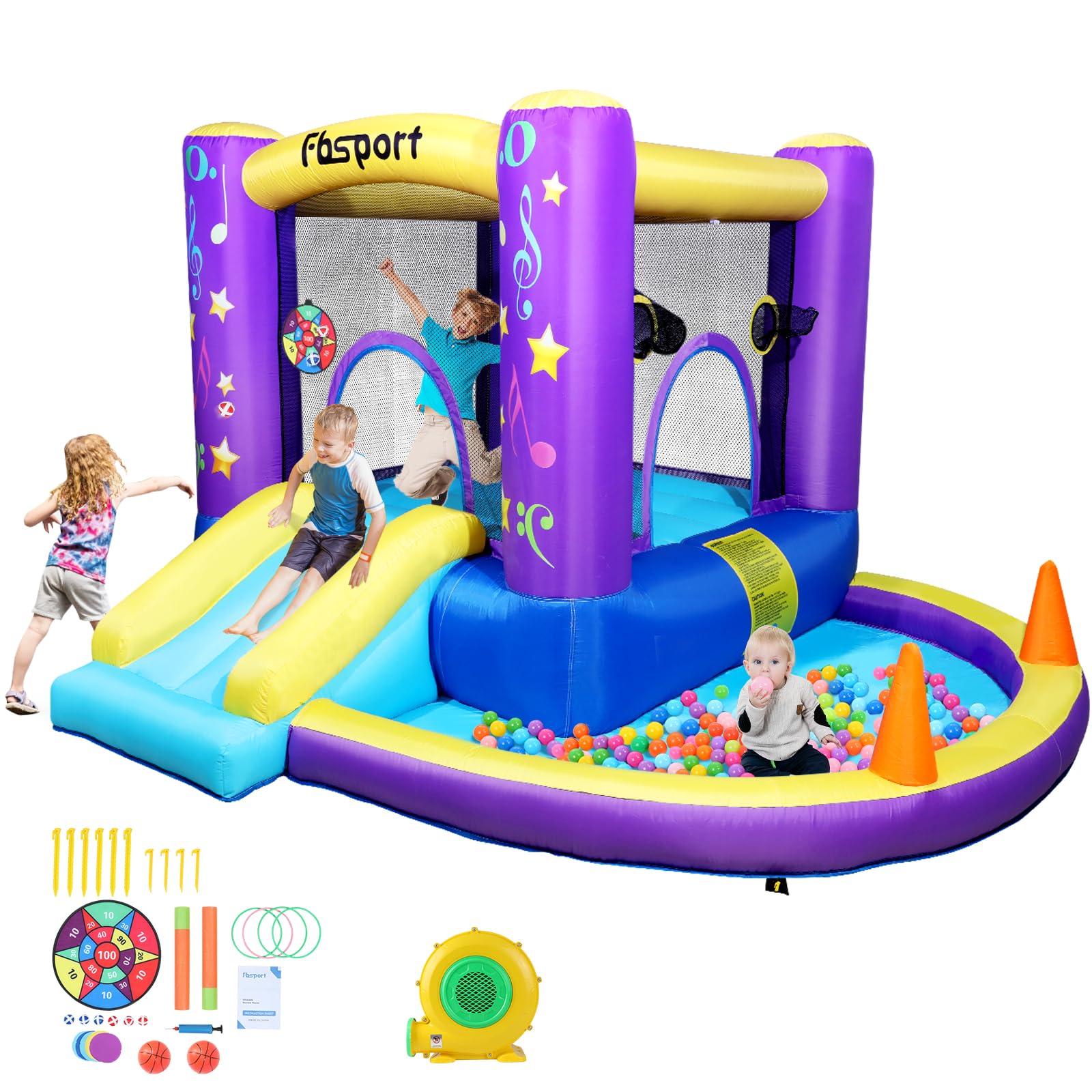 FBSPORT Inflatable Bounce House, Kids Bounce Castle Slide for Indoor Outdoor, Toddler Baby Water Jumper Bouncer, Kids Jumping Bouncy House with Blower, Ball Pit Pool, Basketball Hoop, Dart Game,Purple