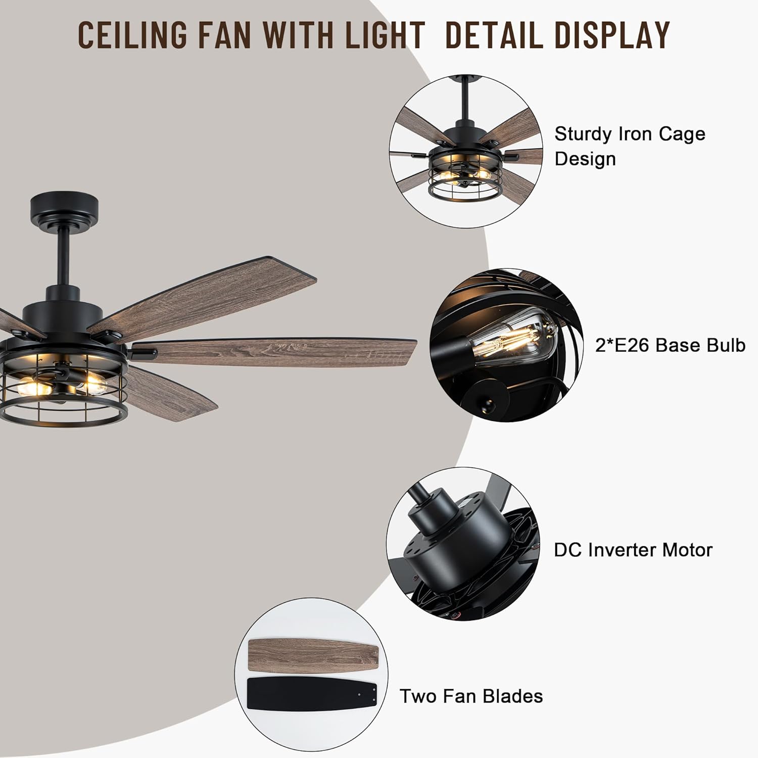 60" Large Ceiling Fans with Lights,Modern Farmhouse Caged Ceiling Fan with Light and Remote,6 Speeds,Reversible Motor,6 Double Finish Wood Blades,Black Rustic Ceiling Fan for Living Room Dining Room