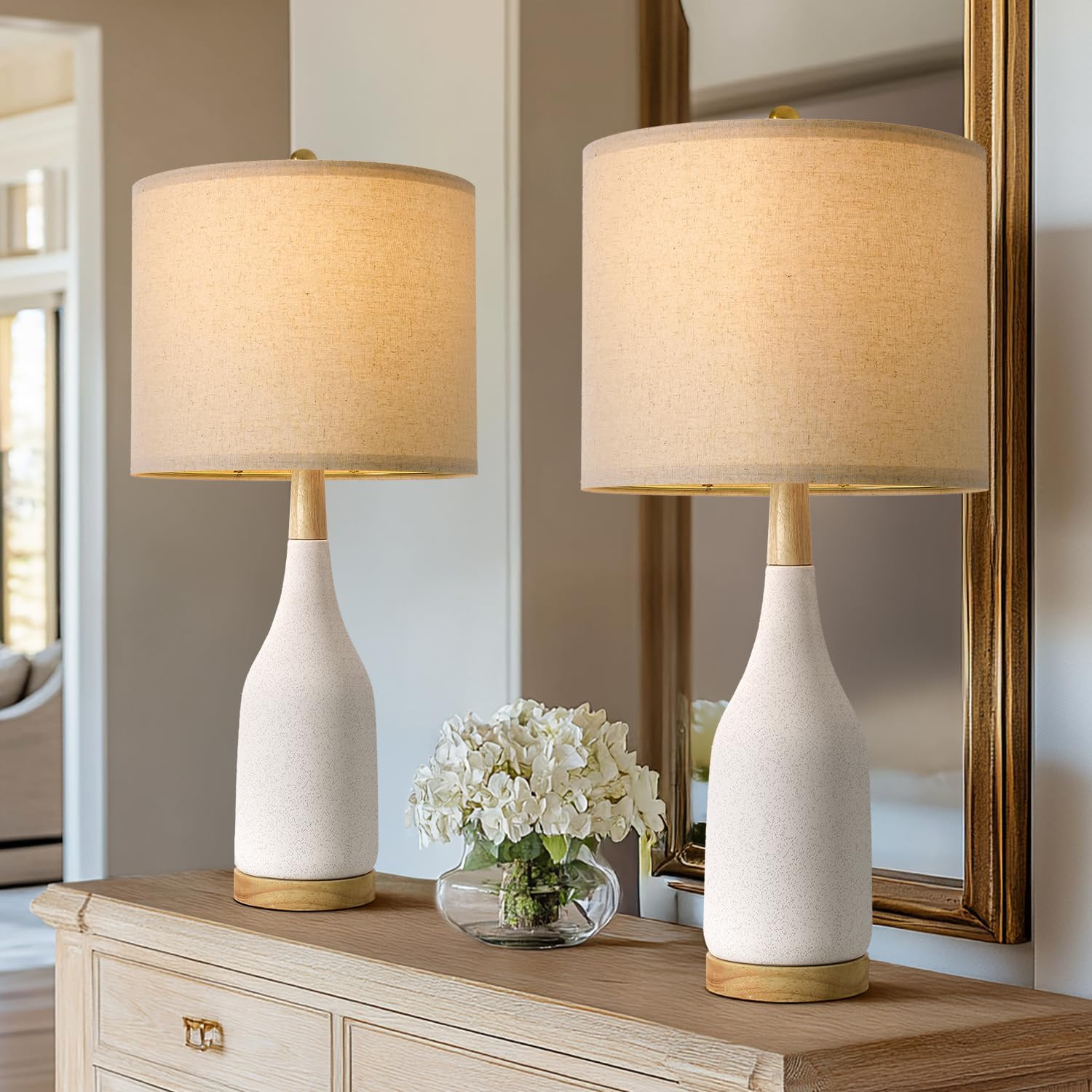 PORTRES 27" Ceramic Table Lamps for Bedroom Living Room Vintage Lamp Set of 2 Bedside Nightstand Lamp Large Farmhouse Rustic Boho Retro Modern Table Lamp Light Home Office Desk Deco Gifts, White White 27inch