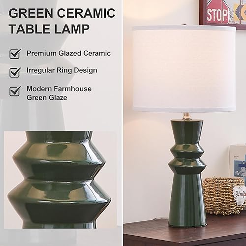 Miniatura 2 de Juego de 2 lámparas verdes de 24.75 pulgadas para sala de estar, lámparas de mesa de cerámica verde para dormitorio, juego de 2, lámpara de noche